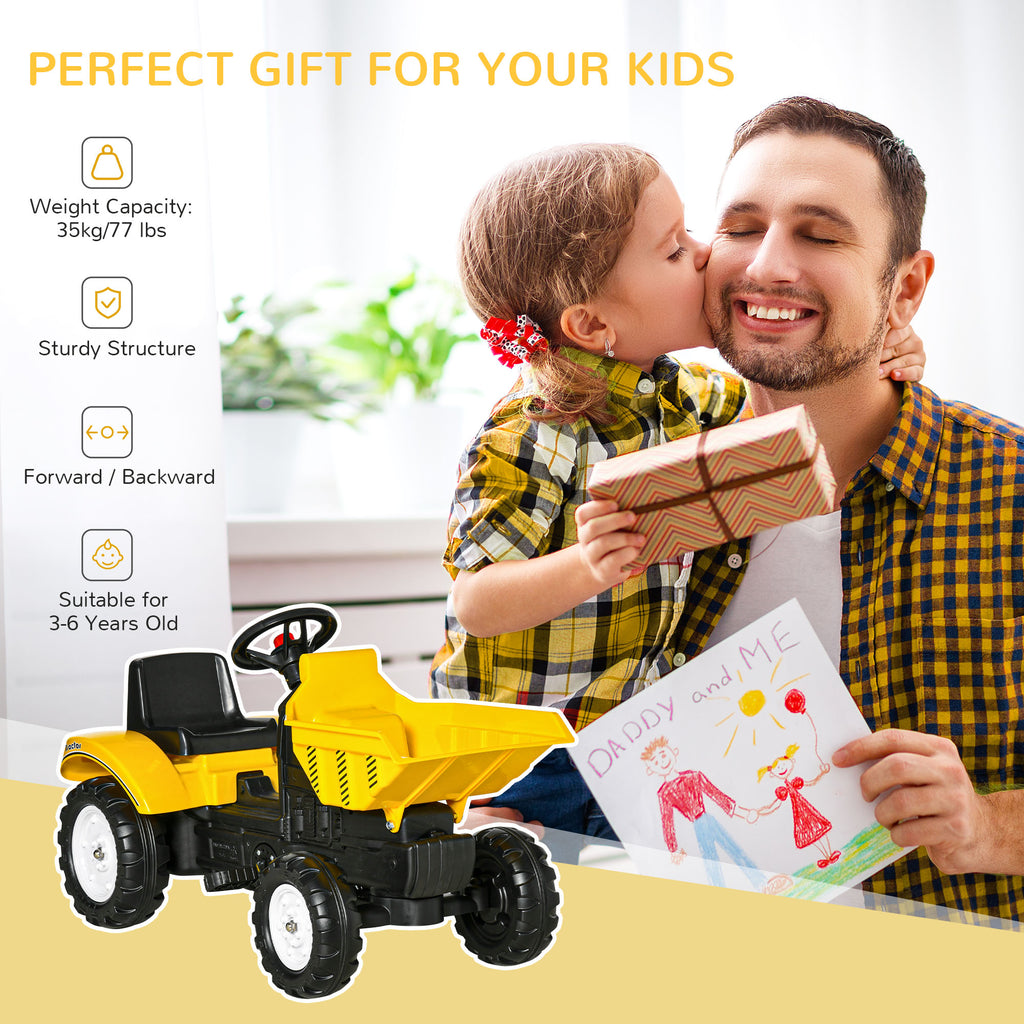 Aosom Ride on Tractor for Kids, Pedal Construction Car with Manual Control Bucket for 3 Years Old, Yellow