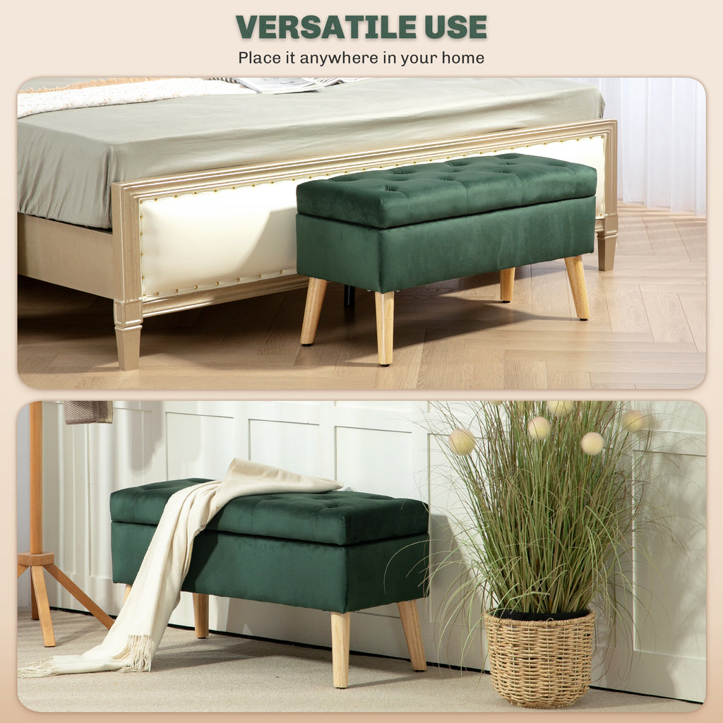 Storage Ottoman with Lid, Velvet Upholstered Storage Bench with Wood Legs for Living Room, Dark Green