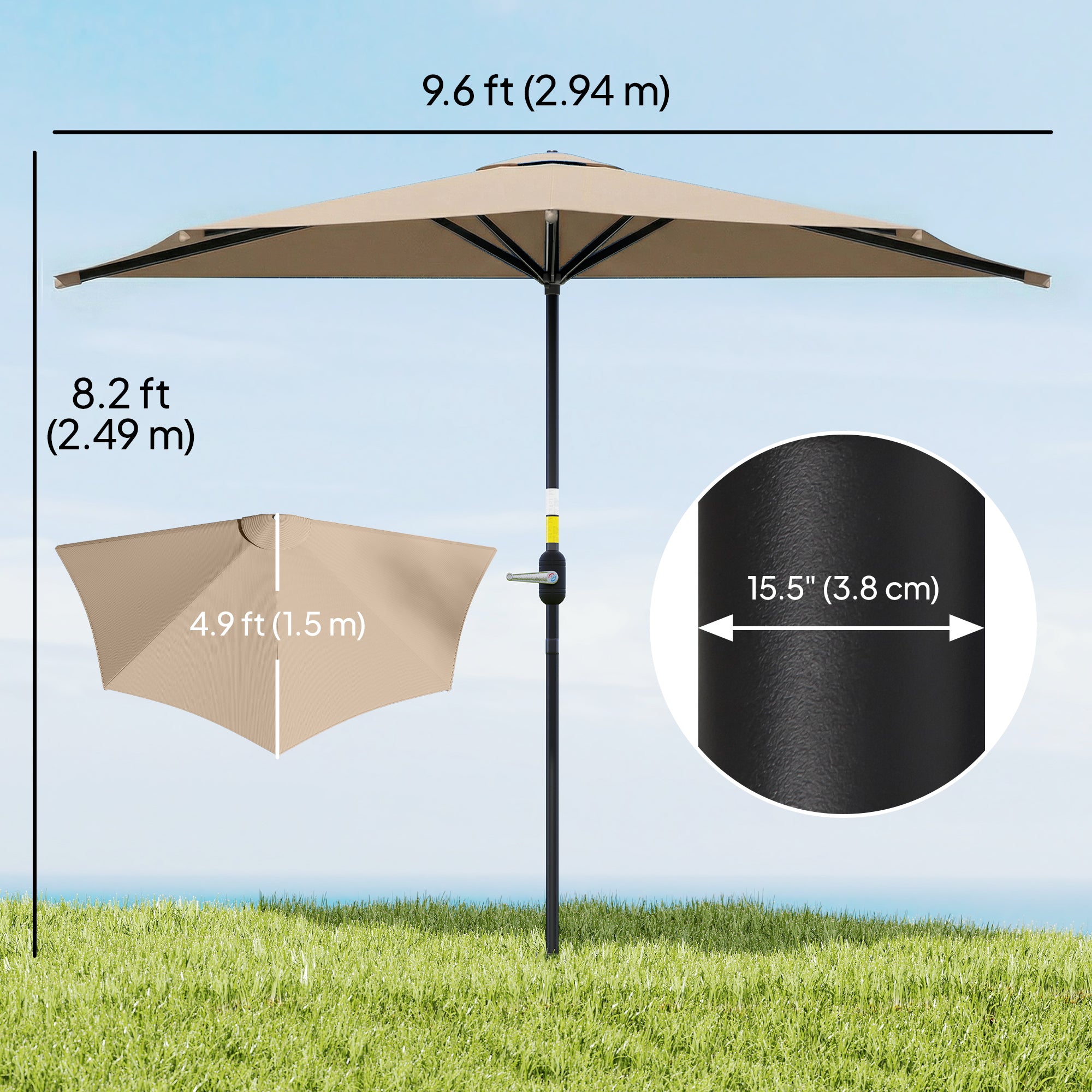 7.5ft Half Umbrella Semi Patio Parasol with Crank Handle, Top Vent for Garden, Balcony- NO BASE INCLUDED, Coffee
