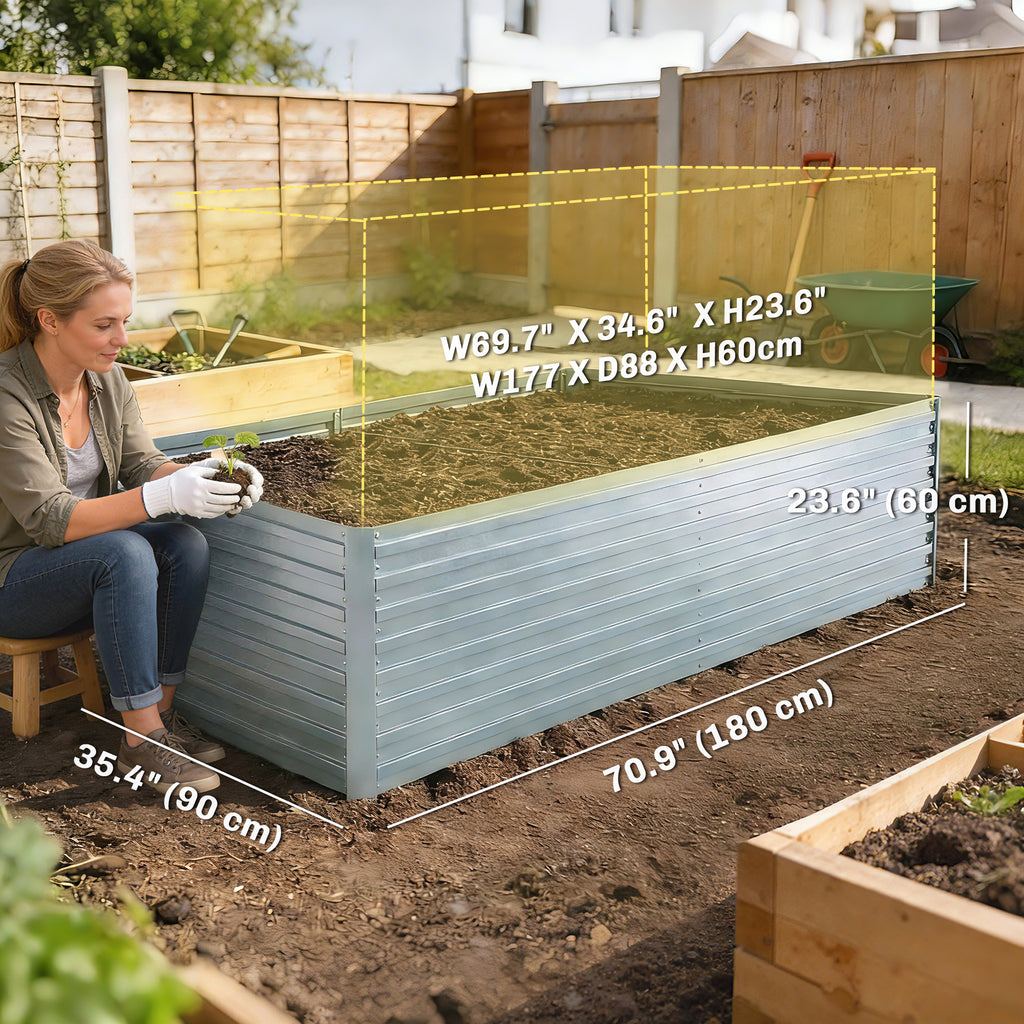 Set of 2 Galvanised Raised Garden Bed, 6 x 3 x 2 ft Metal Garden Bed with Safe Edging, Silver