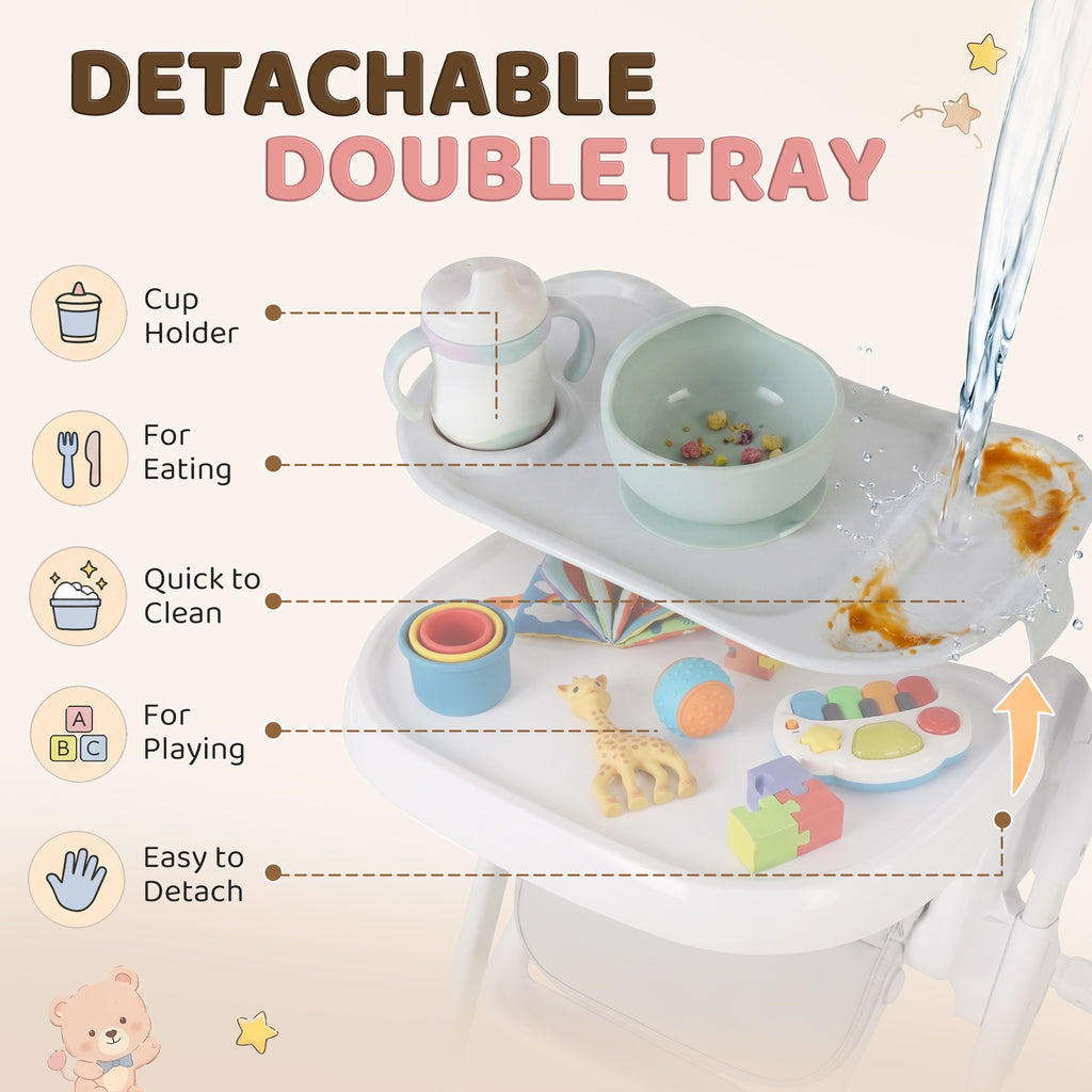 Qaba High Chair with Wheels, Double Tray, Foldable Baby Seat with Adjustable Seat Height, Backrest, Footrest and Tray, Grey