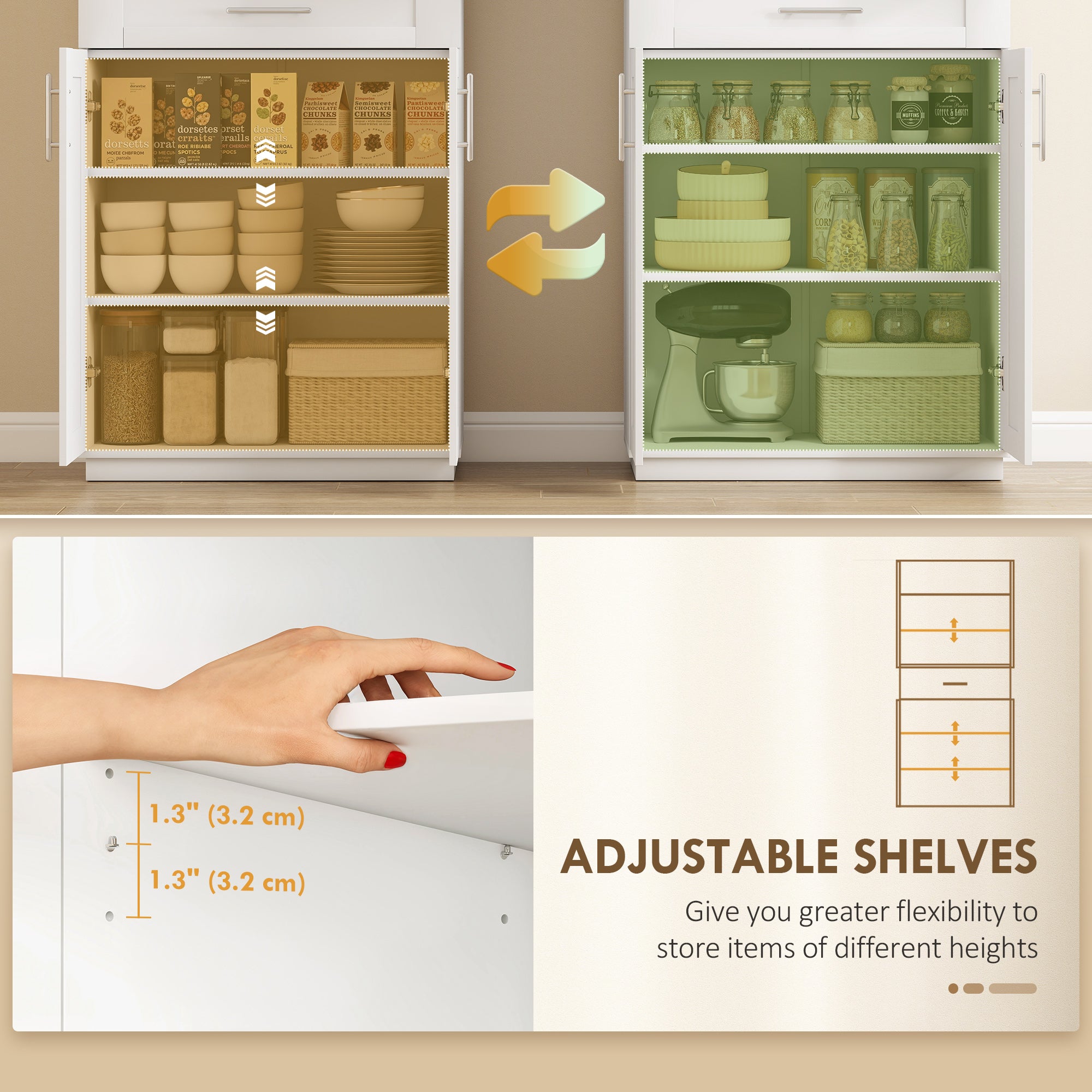 72" Storage Cabinet, Freestanding Kitchen Pantry Cabinet with 4 Doors, Drawer and 3 Adjustable Shelves, White