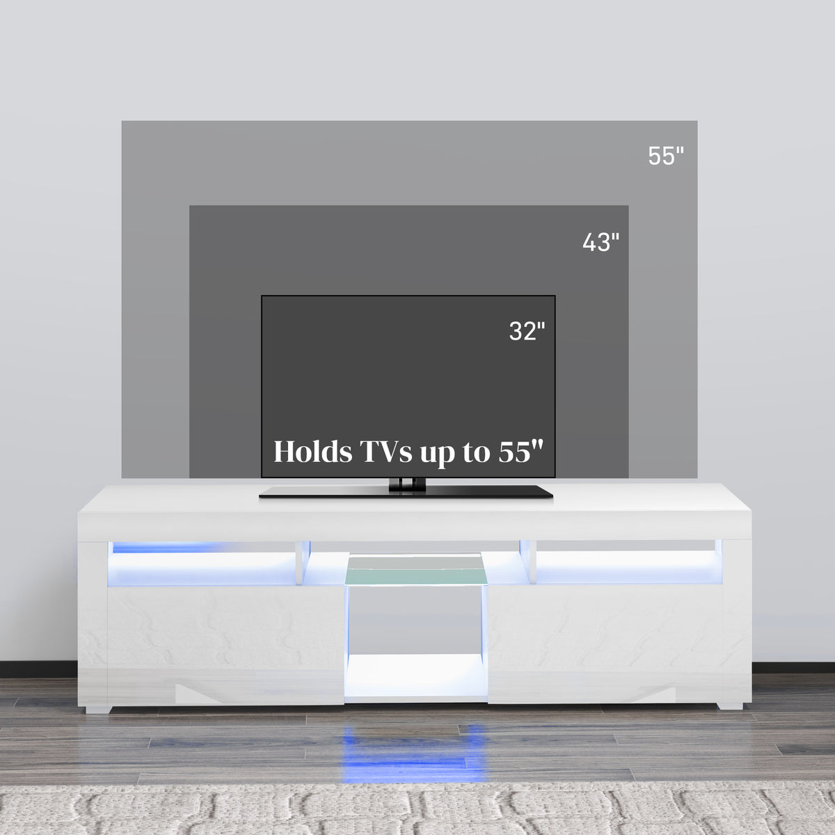 Modern TV Stand with Storage and LED Lights for TVs up to 55", TV Cabinet with Open Compartments, High Gloss White