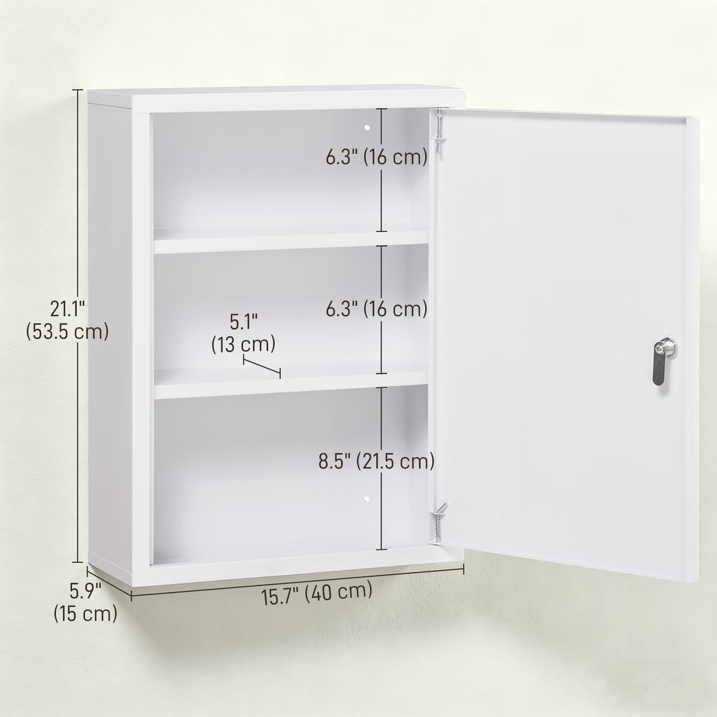 Lockable Medicine Cabinet, 3 Tier Steel Medical Wall Box with 2 Keys and Shelves for Bathroom, White