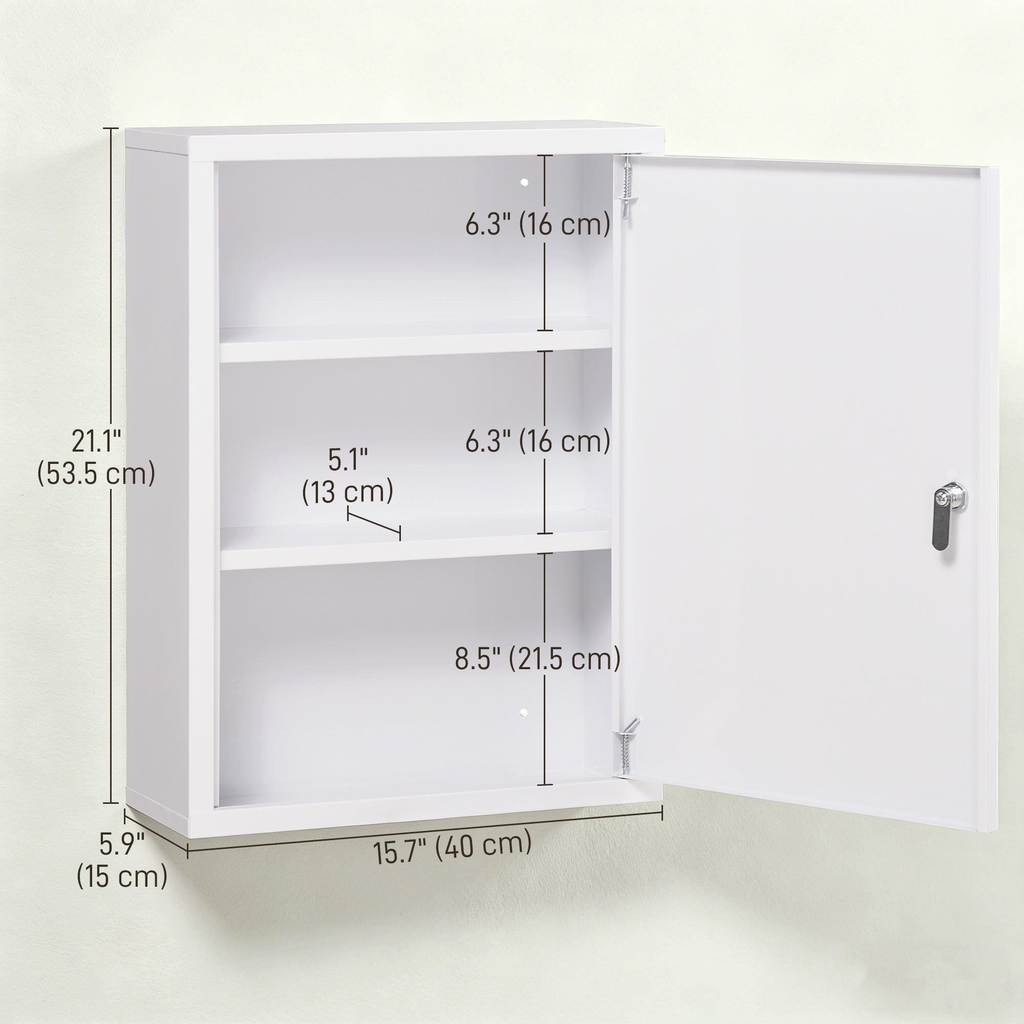 Lockable Medicine Cabinet, 3 Tier Steel Medical Wall Box with 2 Keys and Shelves for Bathroom, White