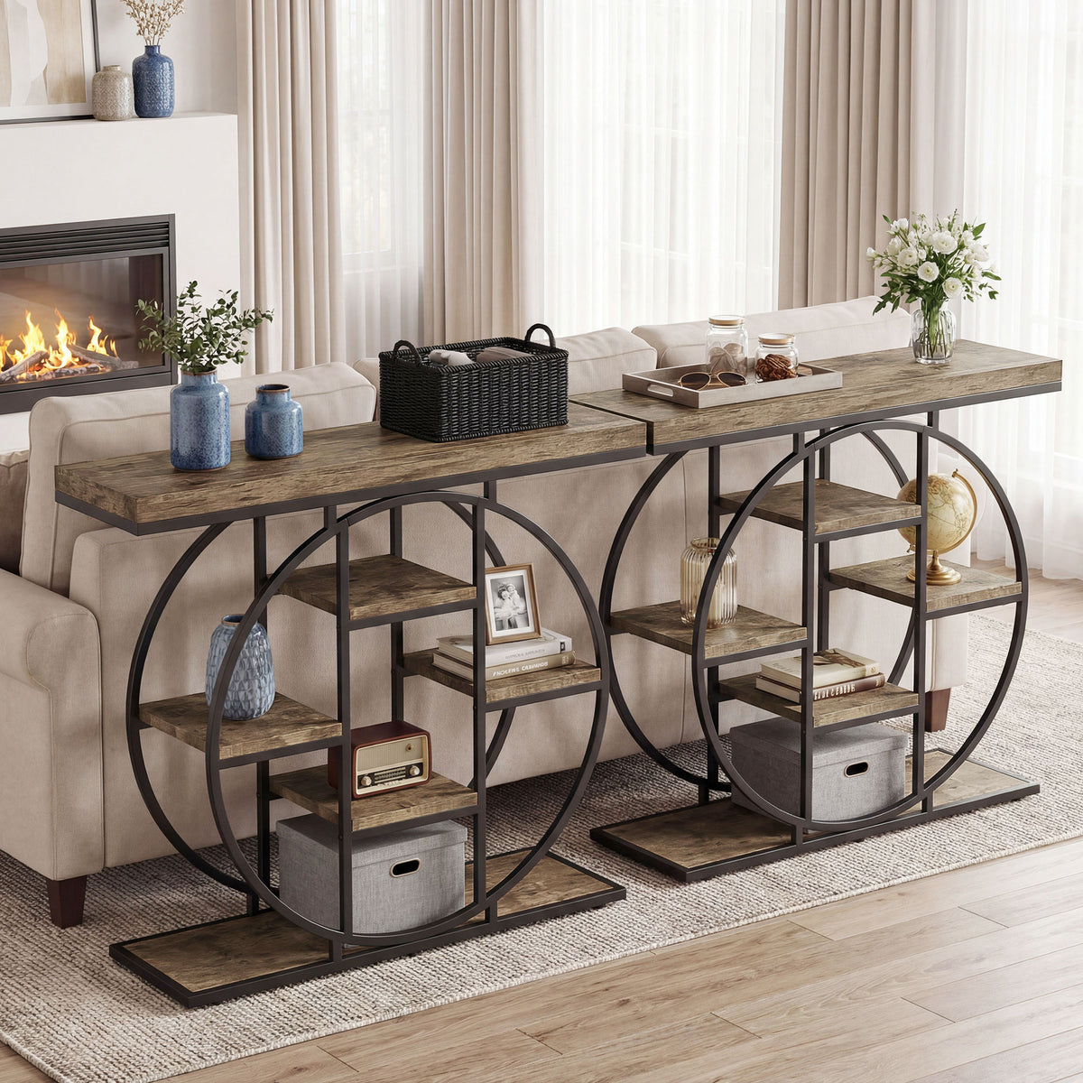 39.4" Console Table with Storage Shelves, Industrial Sofa Table for Living Room, Hallway, Rustic Brown