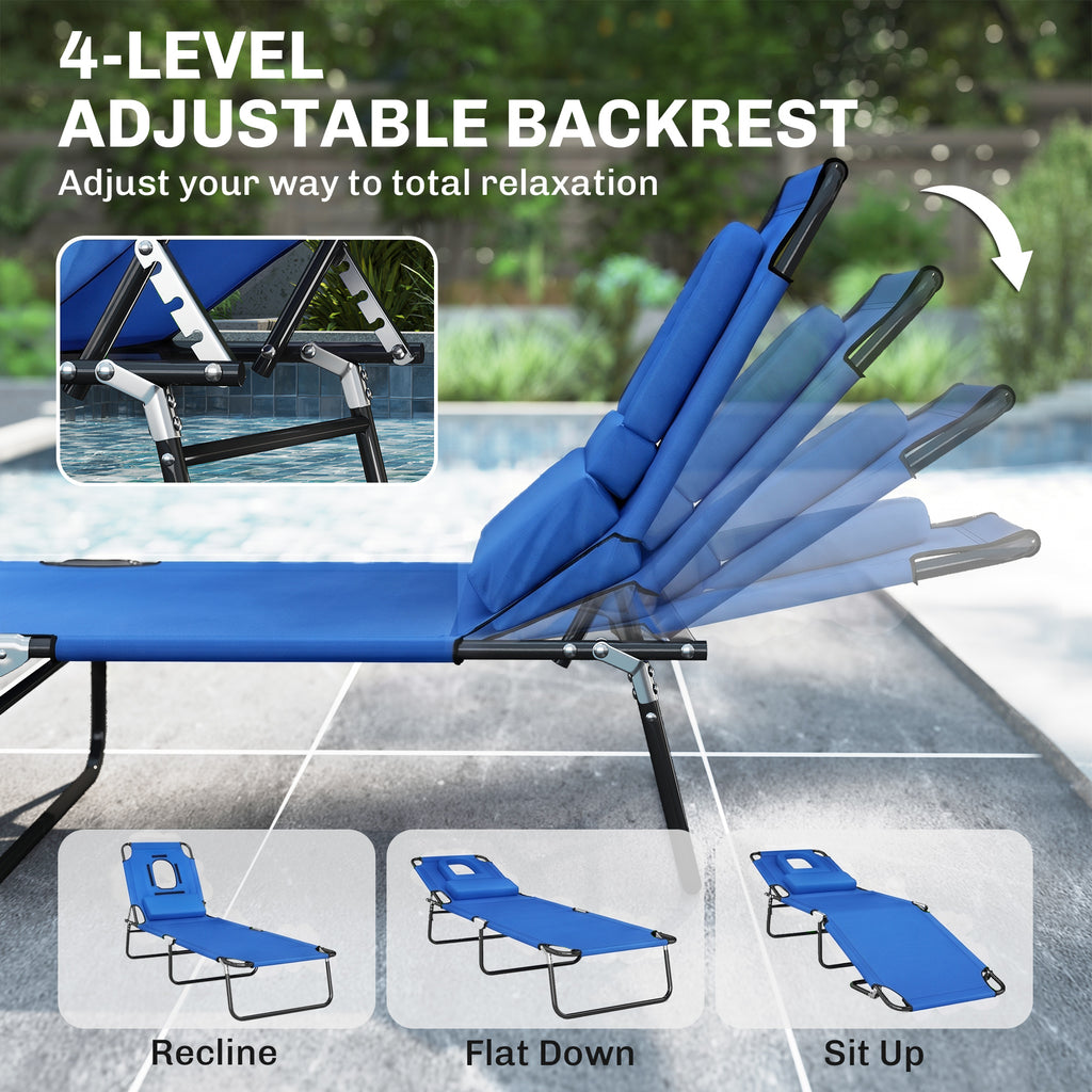Folding Chaise Lounge Chair, Reclining Beach Tanning Chair with Face Hole, Pillow, 4-Position Adjustable Lay Flat Sun Lounger, Steel Frame for Outdoor Patio Pool, Red
