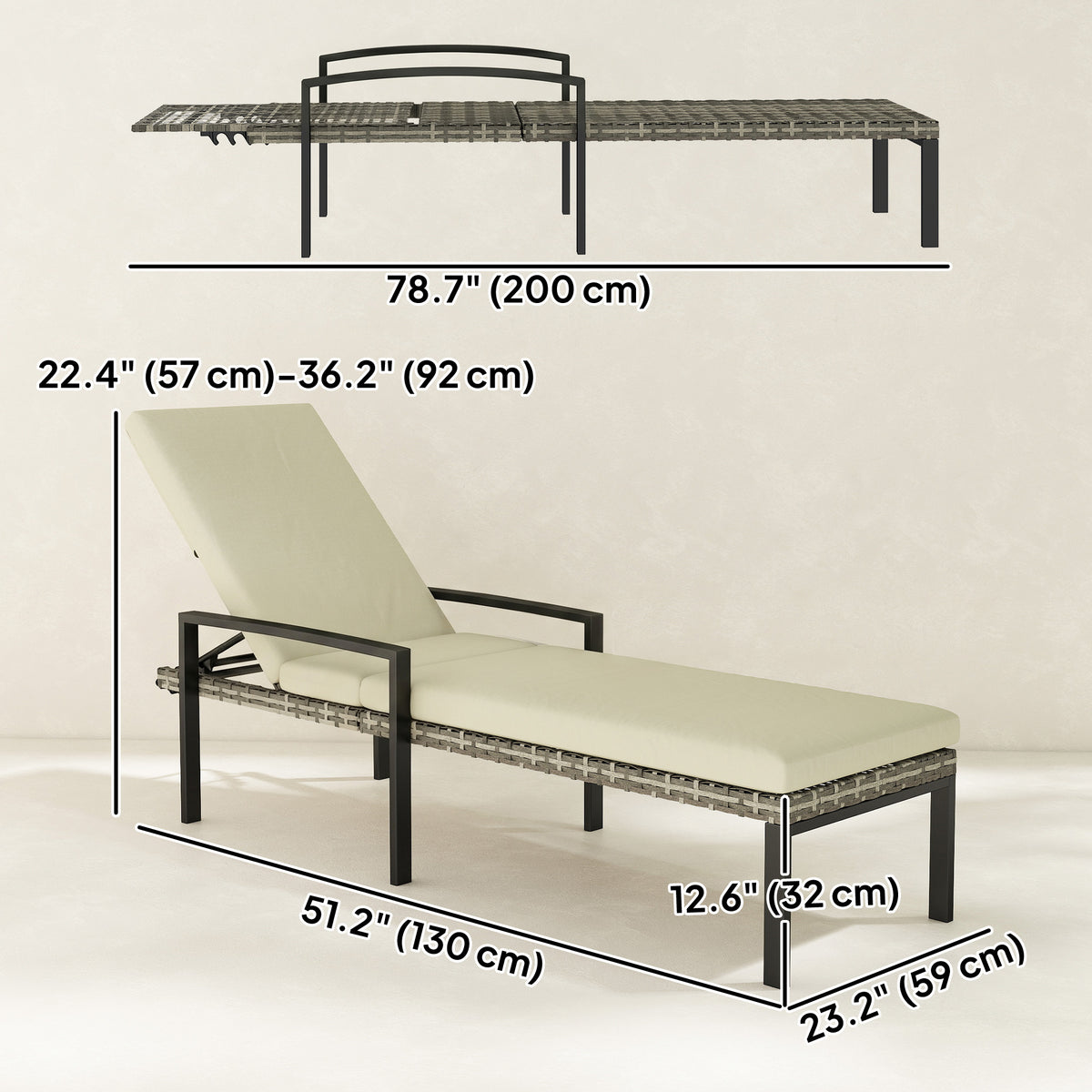 Chaise Lounge Chairs Outdoor, Set of 2 Wicker Patio Lounge Chairs with 5-Level Adjustable Backrest, Cushion