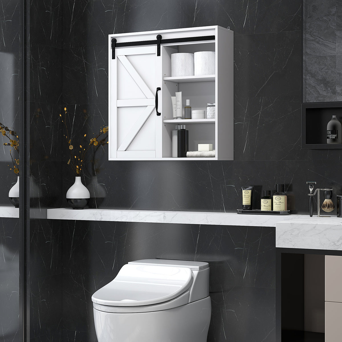 Bathroom Medicine Cabinet, Wall Cabinet with Sliding Door and Adjustable Shelf, 22.8" x 7.8" x 24.4", White