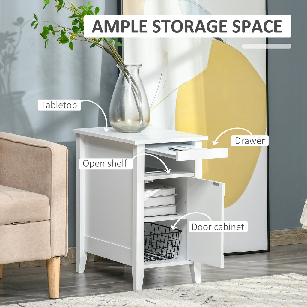 Wooden3-Tier Modern Nightstand with Pullout Shelf, Adjustable Open Shelf, and Door Cabinet, White