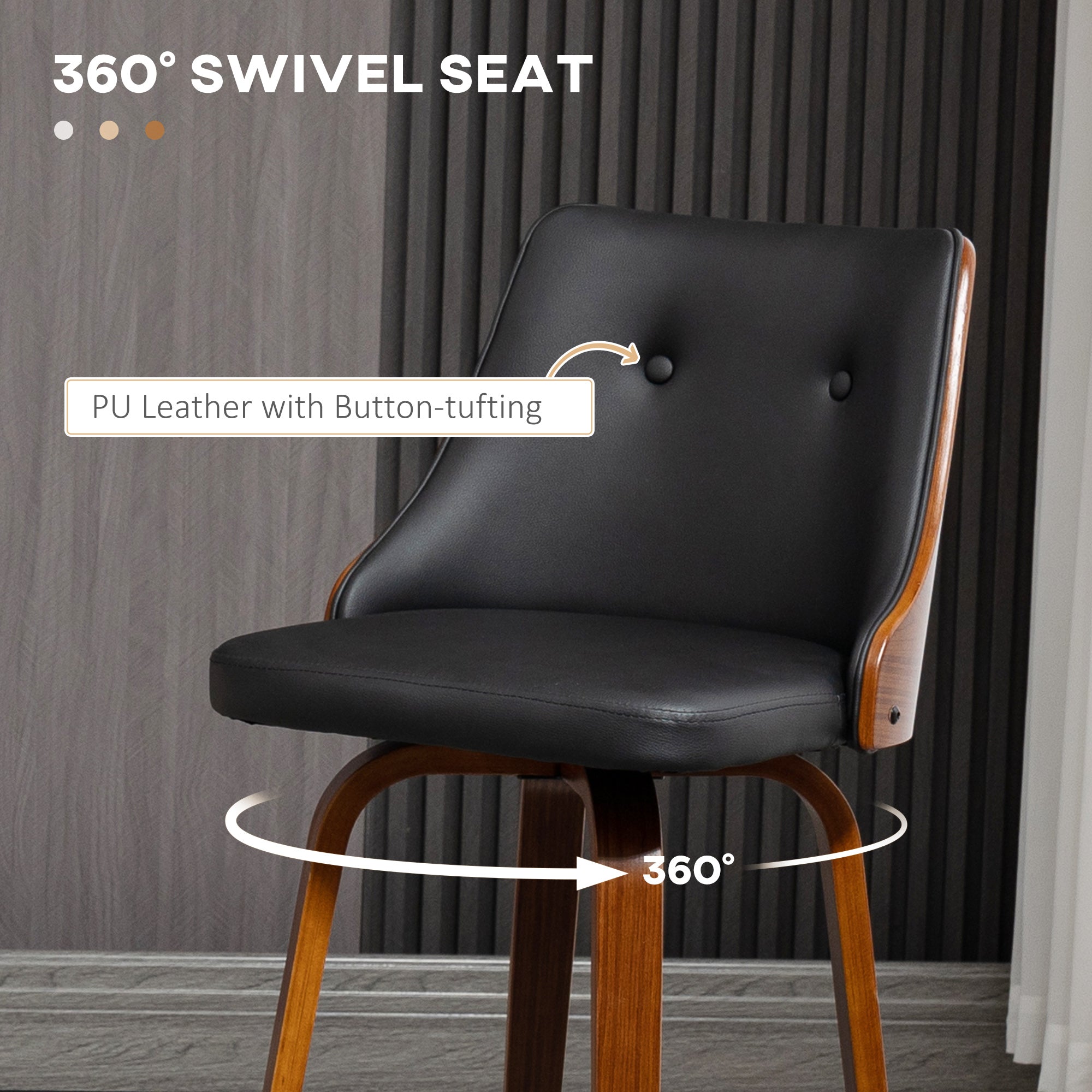 Bar Height Bar Stools Set of 2, PU Leather Upholstered Swivel Barstools with Solid Wood Legs Footrest and Tufted Back, Black