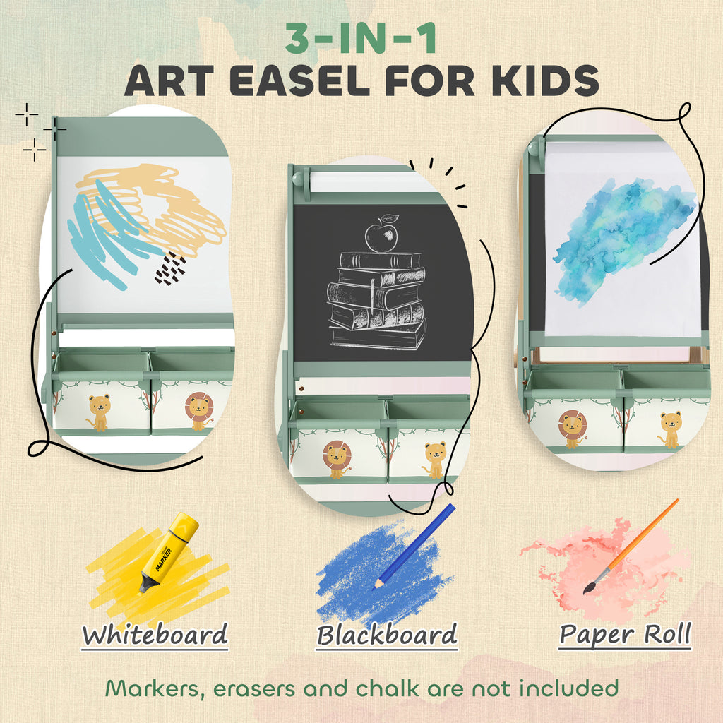 Qaba Art Easel for Kids, Double-Sided Whiteboard & Chalkboard with Paper Roll, 2 Storage Boxes, Gift for Boys, Girls, Green