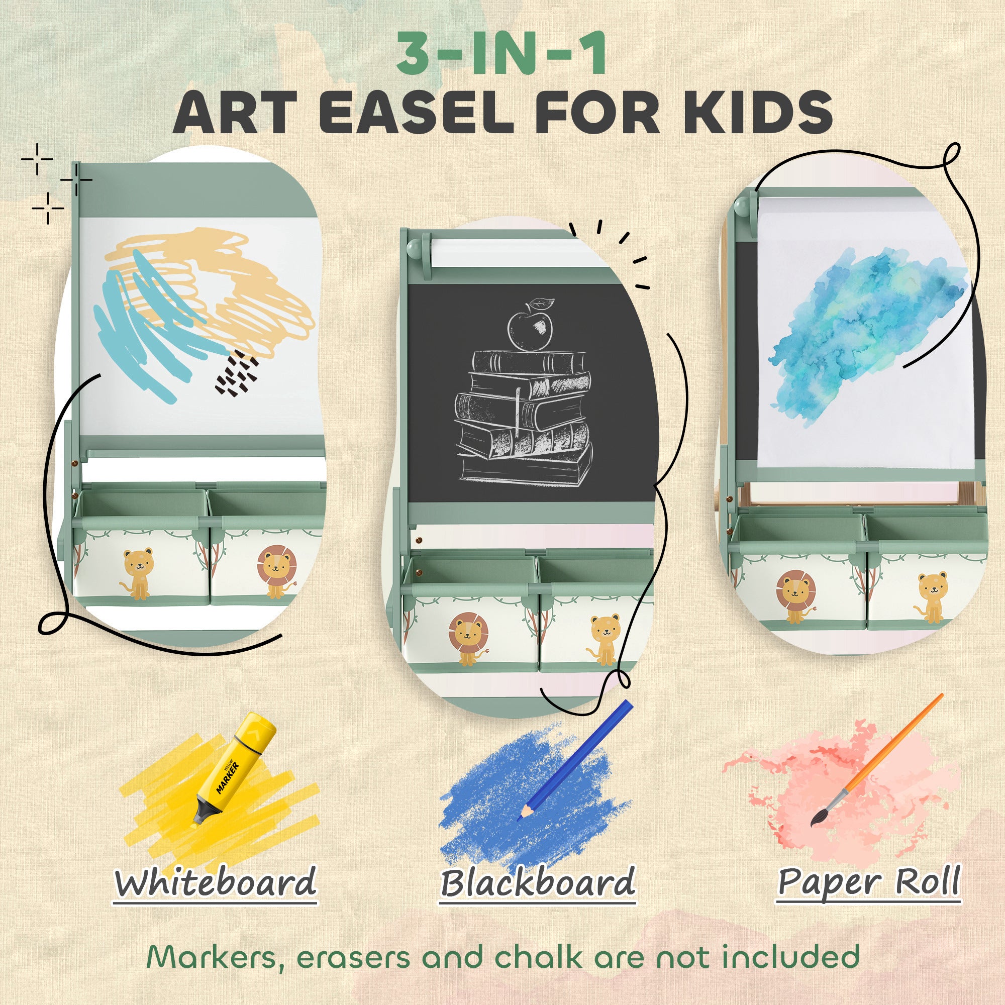 Qaba Art Easel for Kids, Double-Sided Whiteboard & Chalkboard with Paper Roll, 2 Storage Boxes, Gift for Boys, Girls, Green