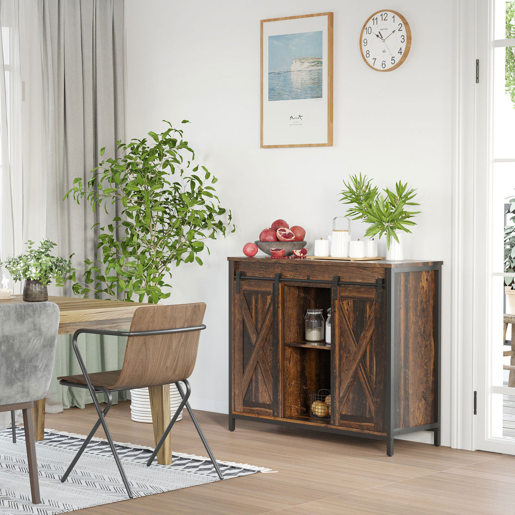 Industrial Sideboard, Buffet Cabinet with Sliding Barn Doors, Storage Cabinets and Adjustable Shelves for Living Room, Kitchen, Home Bar, Rustic Brown
