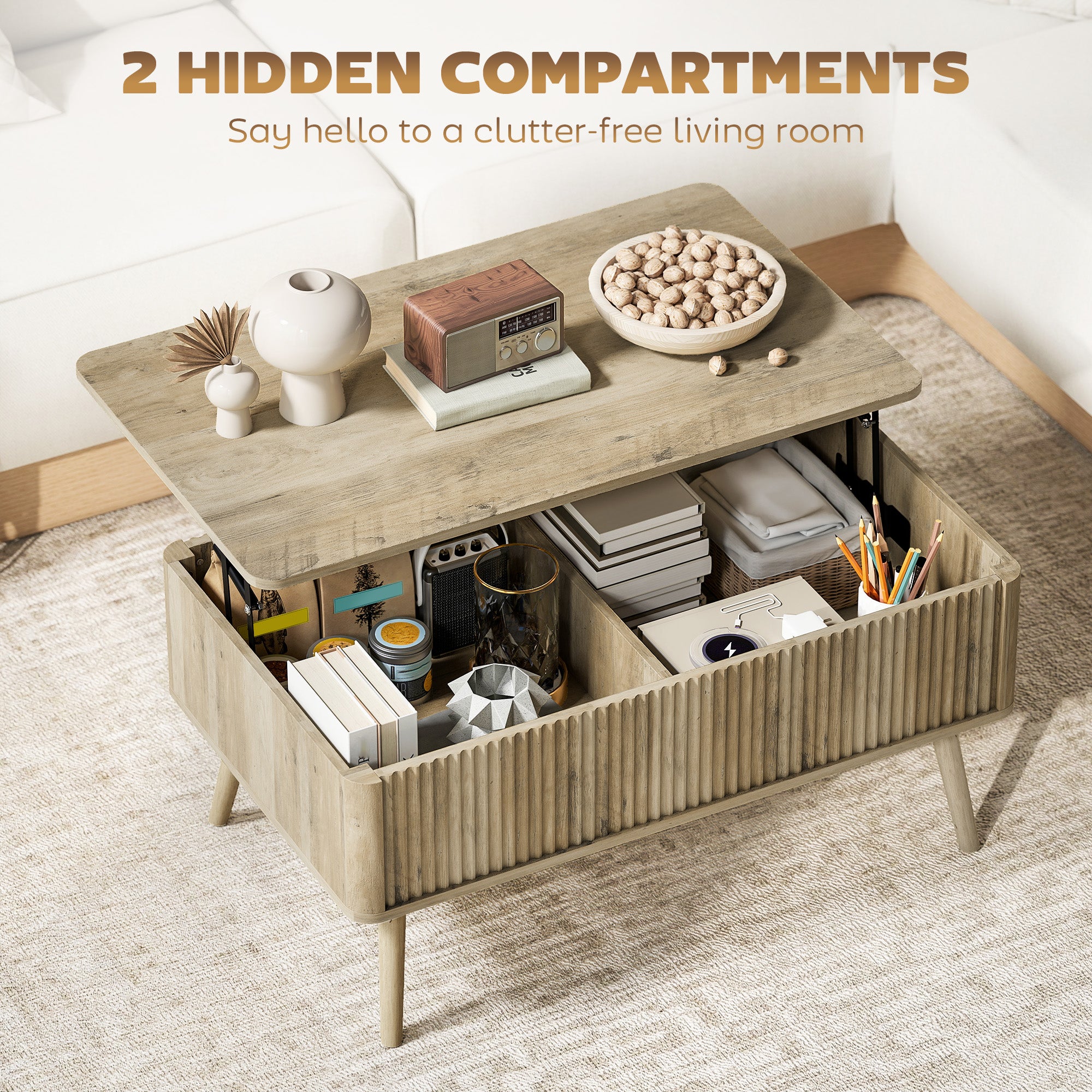 Lift Top Coffee Table with Storage, Center Table with Hidden Compartments and Pine Wood Legs for Living Room, Oak
