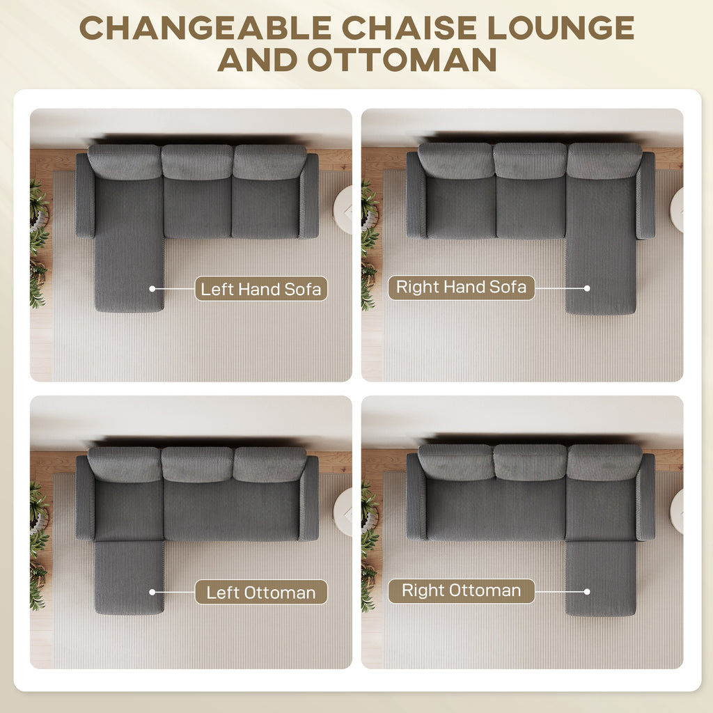 Sectional Sofa, L Shaped Couch, with Changeable Chaise or Ottoman, Dark Grey