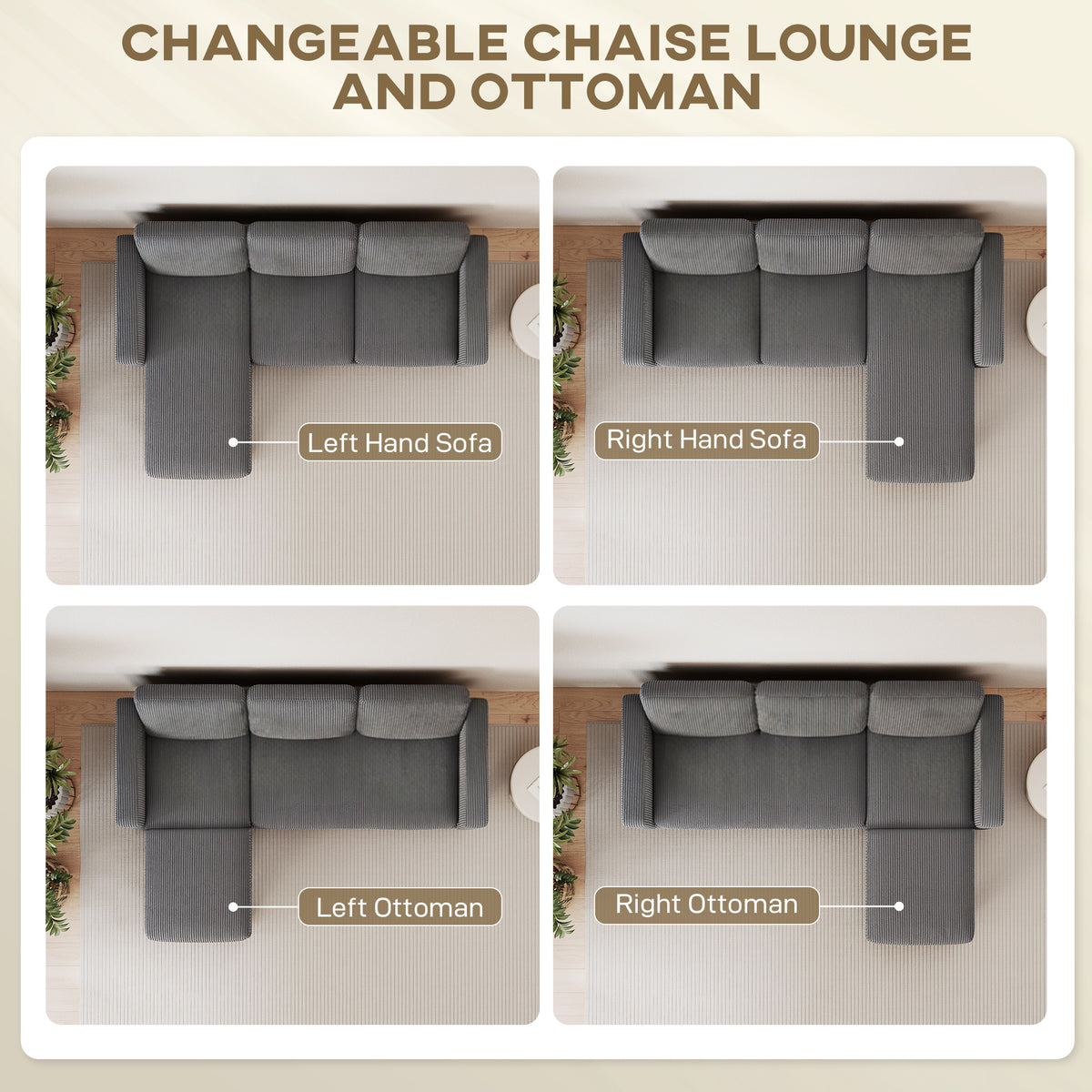 Sectional Sofa, L Shaped Couch, with Changeable Chaise or Ottoman, Dark Grey