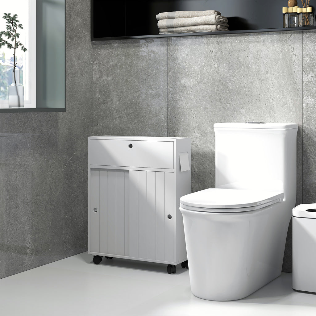 Bathroom Storage Cabinet, Bathroom Cabinet with 4 Rolling Wheels and Paper Holes, 20.5" x 6.75" x 26.5", White