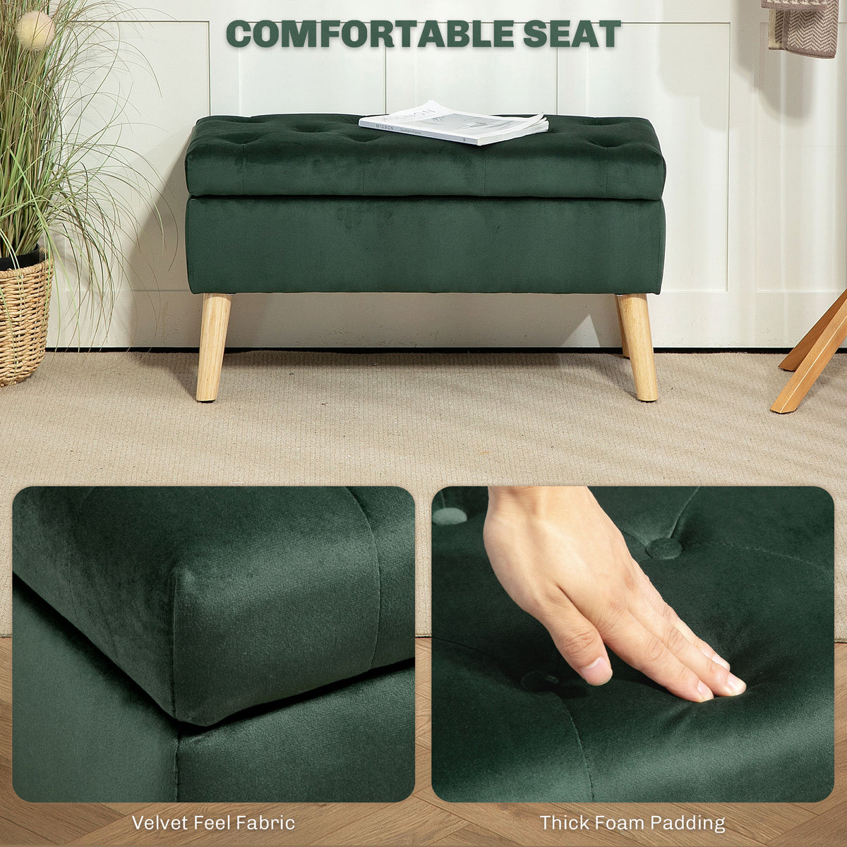 Storage Ottoman with Lid, Velvet Upholstered Storage Bench with Wood Legs for Living Room, Dark Green
