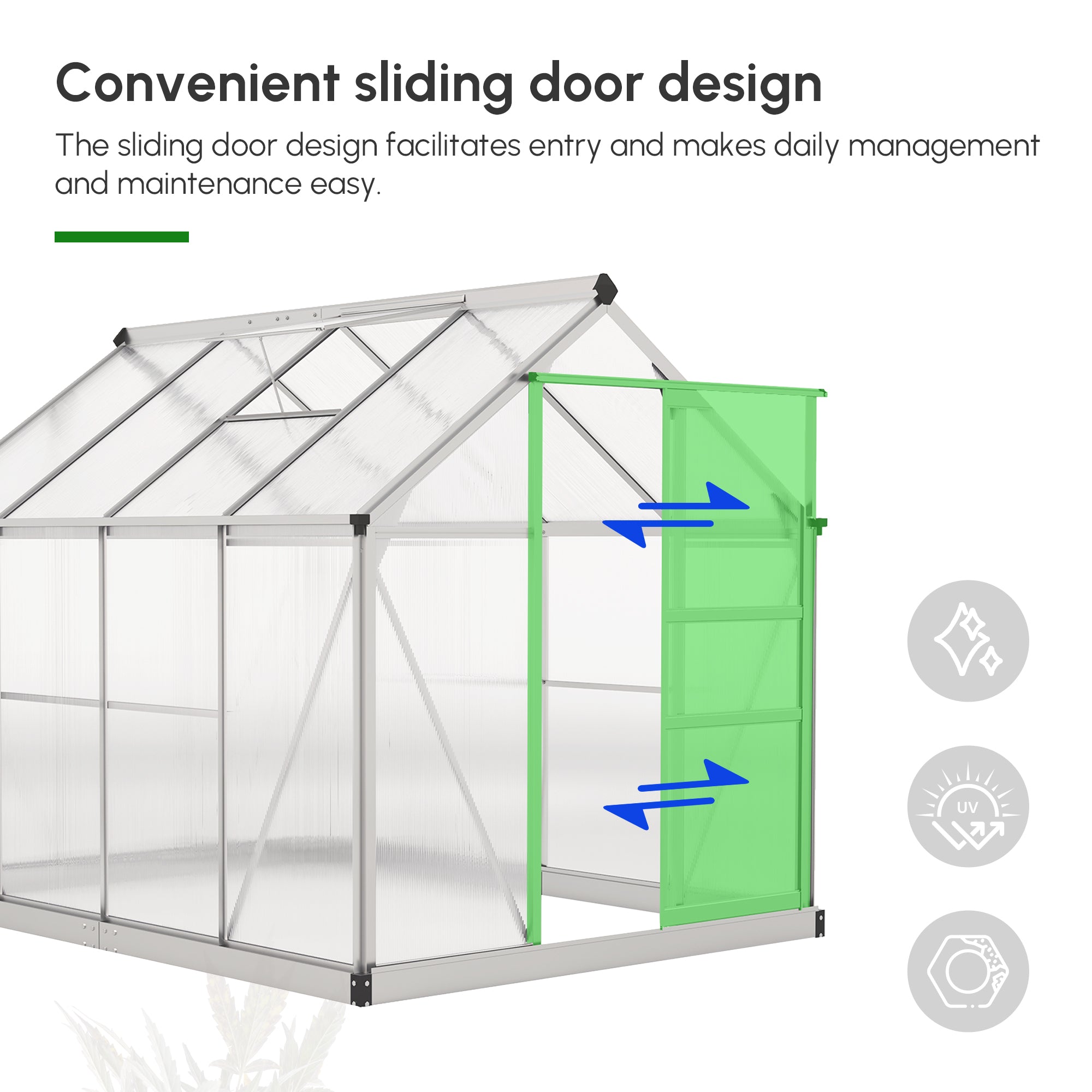 6' x 4' x 6.6' Polycarbonate Greenhouse, Walk-In Green House Kit Garden, Plants Grow, Galvanized Sheet Aluminum Frame with Rain Gutter, Vent and Sliding Door, Silver