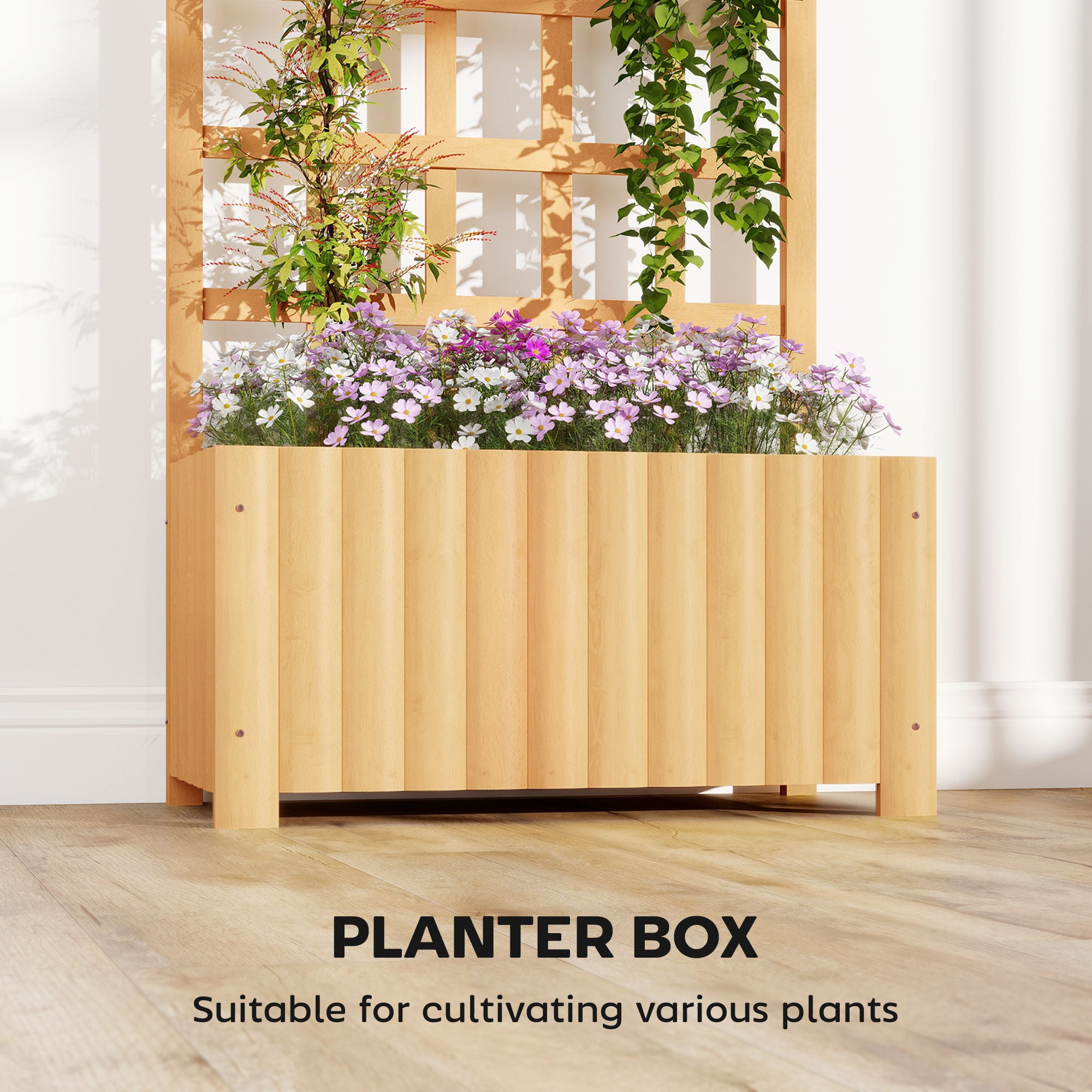 Wooden Raised Garden Bed with Lattice Trellis, Outdoor Elevated Planter Box with Drainage Holes for Climbing Plants