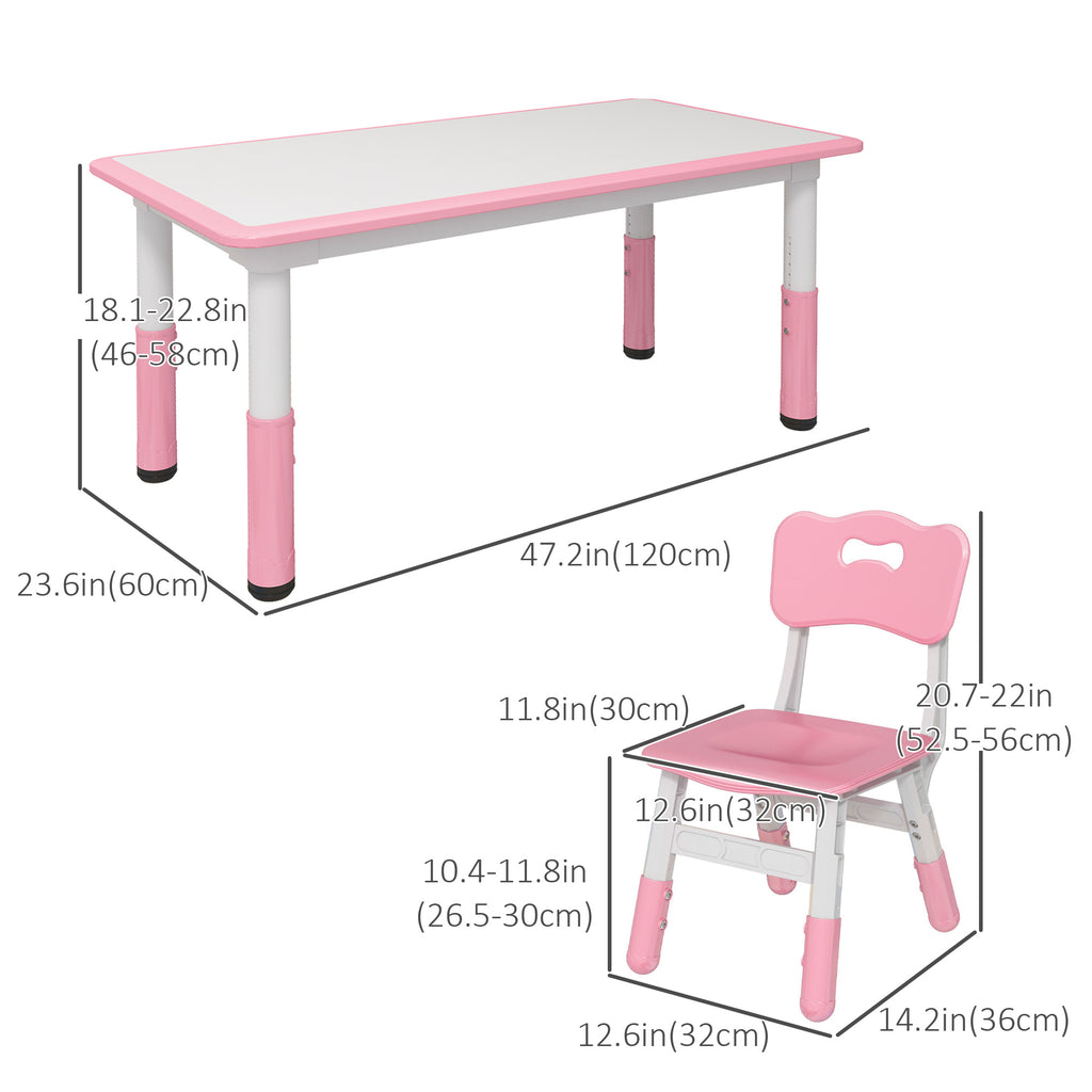 Qaba Kids Table and Chair Set with 4 Chairs, Adjustable Height, Easy to Clean, for 1.5 - 8 Years Old, Pink