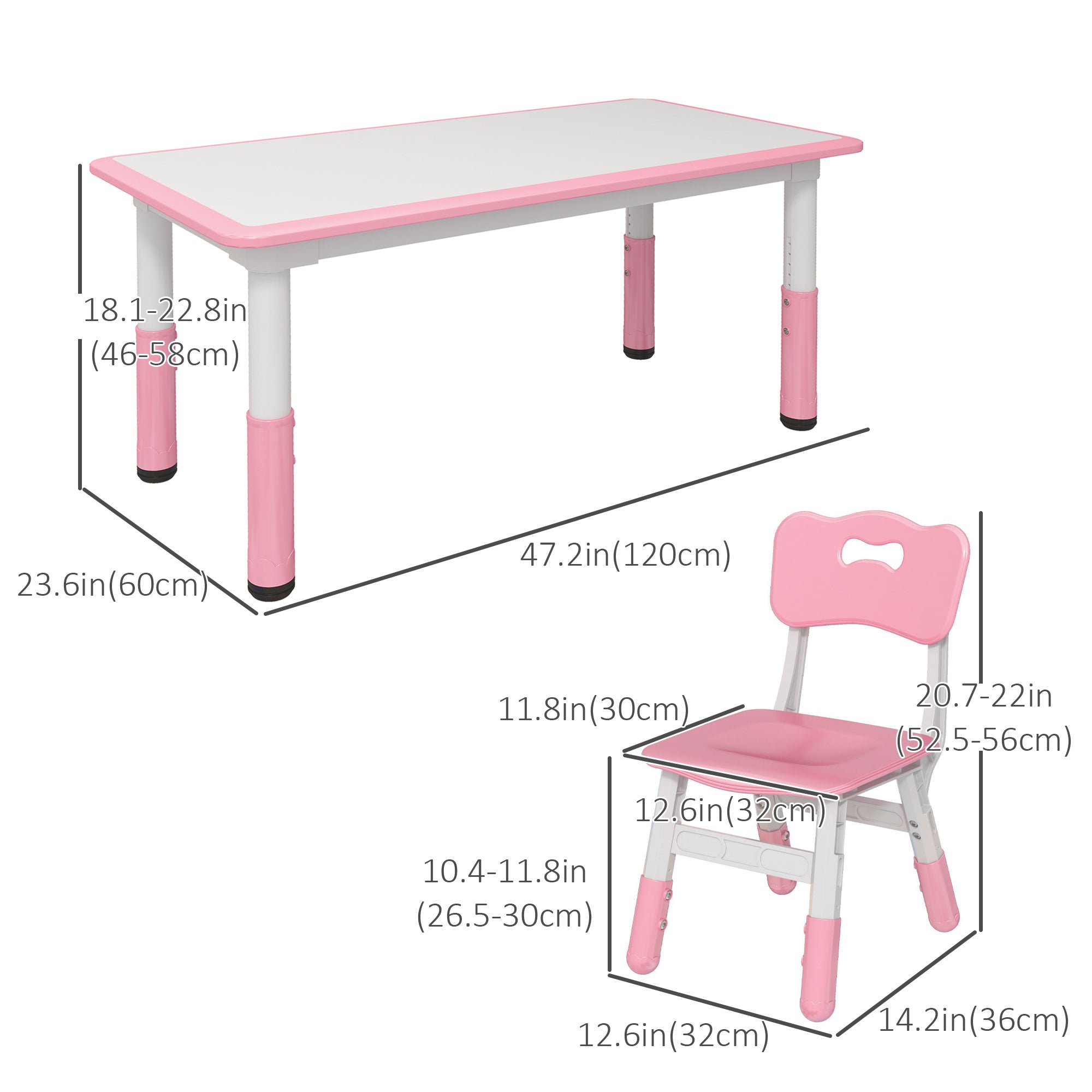 Qaba Kids Table and Chair Set with 4 Chairs, Adjustable Height, Easy to Clean, for 1.5 - 8 Years Old, Pink