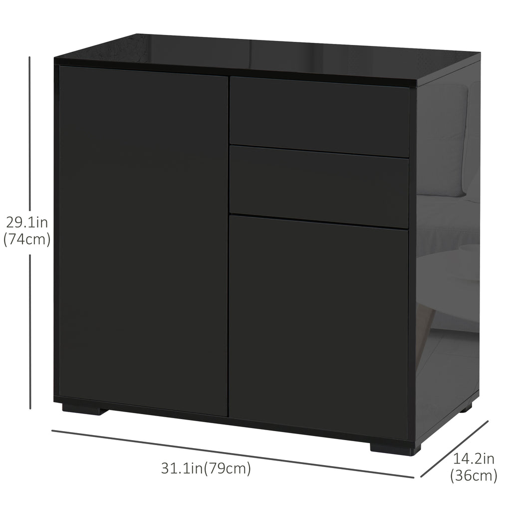 High Gloss Buffet Sideboard with 2 Drawers, 2 Doors and Adjustable Shelf, Kitchen Storage Cabinet with Push Open Design, White