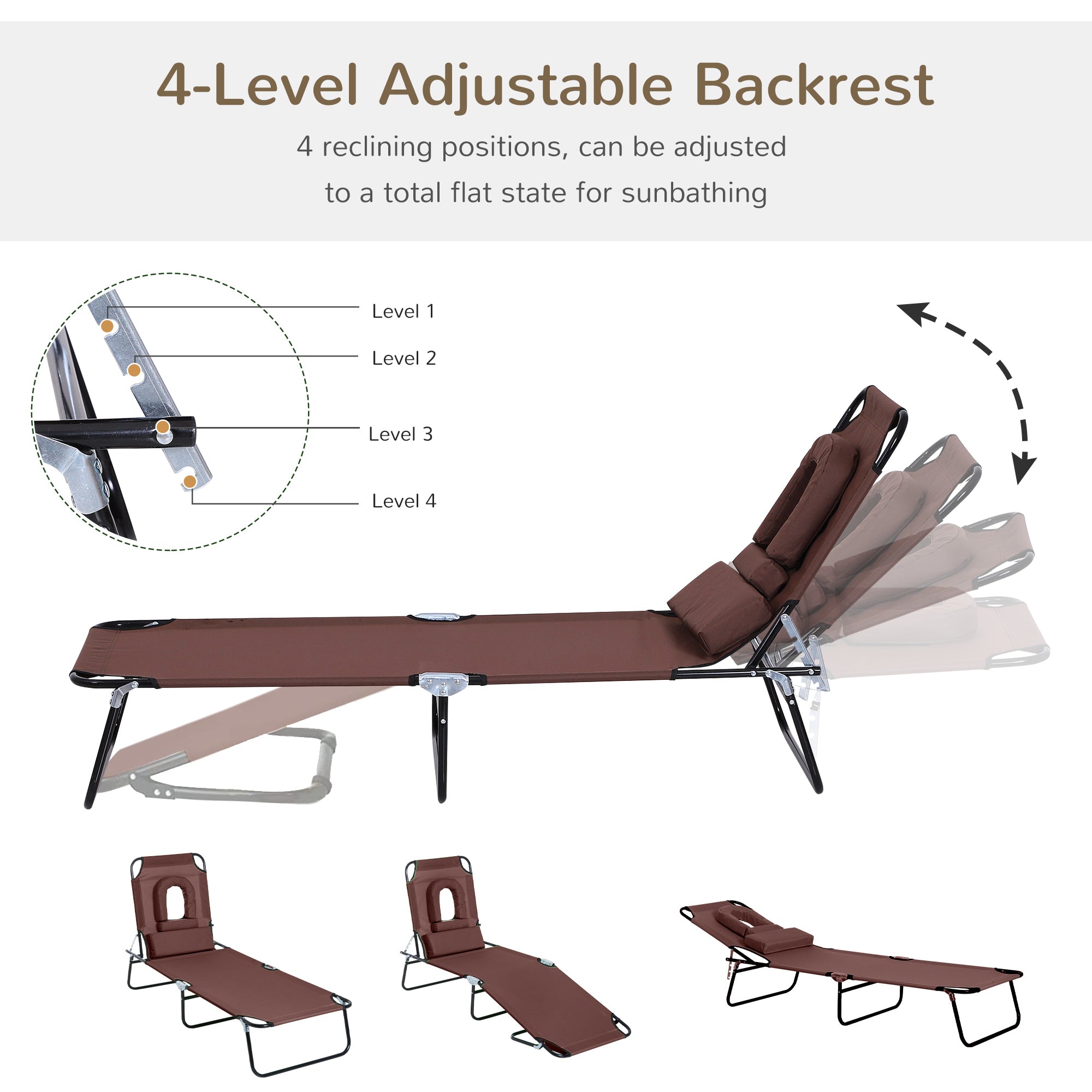 Folding Chaise Lounge Chair, Reclining Beach Tanning Chair with Face Hole, Pillow, 4-Position Adjustable Lay Flat Sun Lounger, Steel Frame for Outdoor Patio Pool, Red