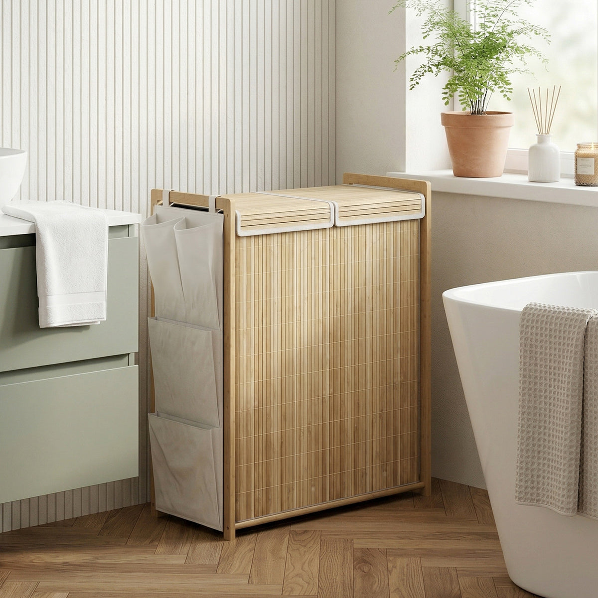Bamboo Laundry Hamper with Removable Drawstring Bag and Side Storage Pockets, 20 Gal, Natural