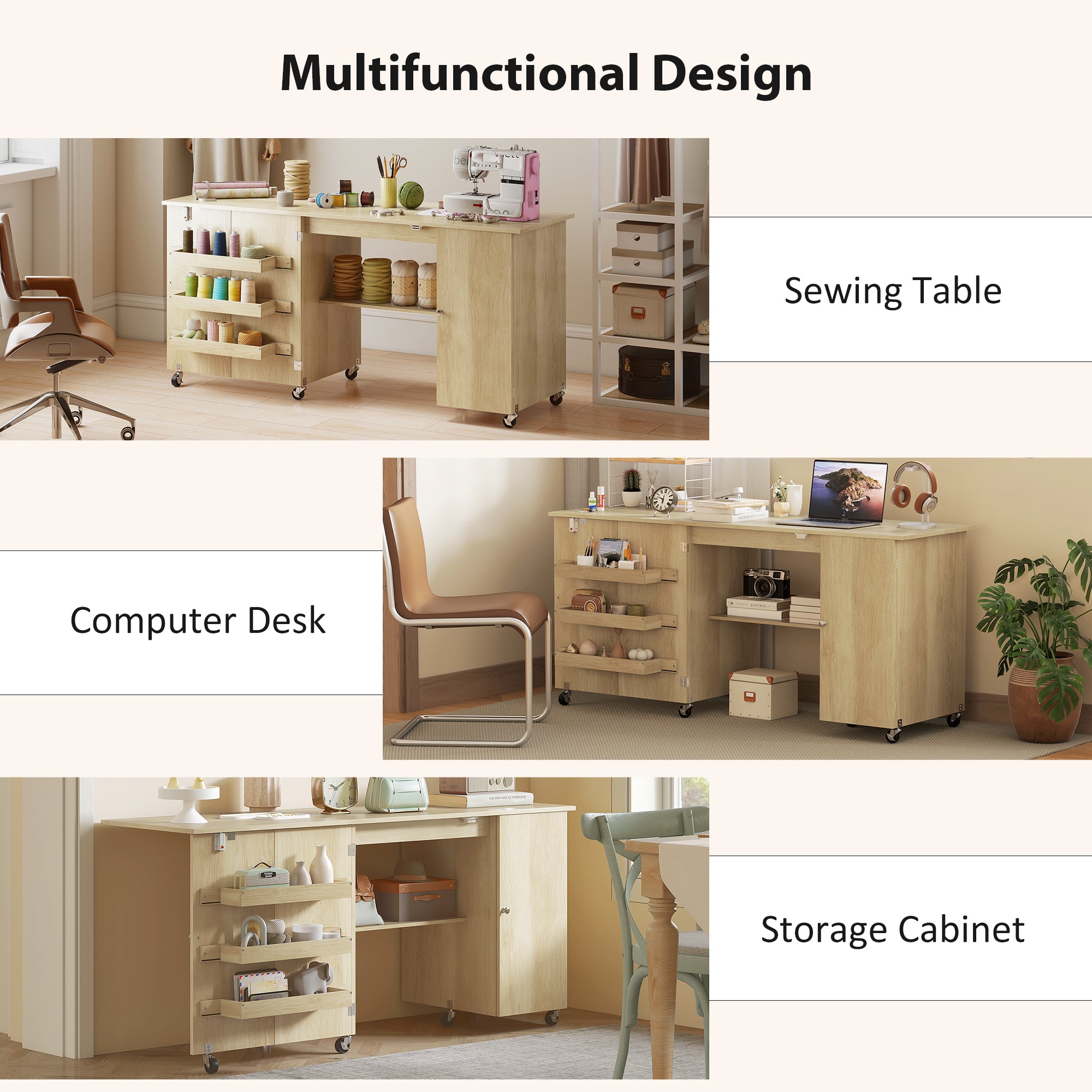 Sewing Machine Table with Drop Leaf, Folding Craft Table with 2 Doors and Adjustable Shelf for Small Spaces, Natural