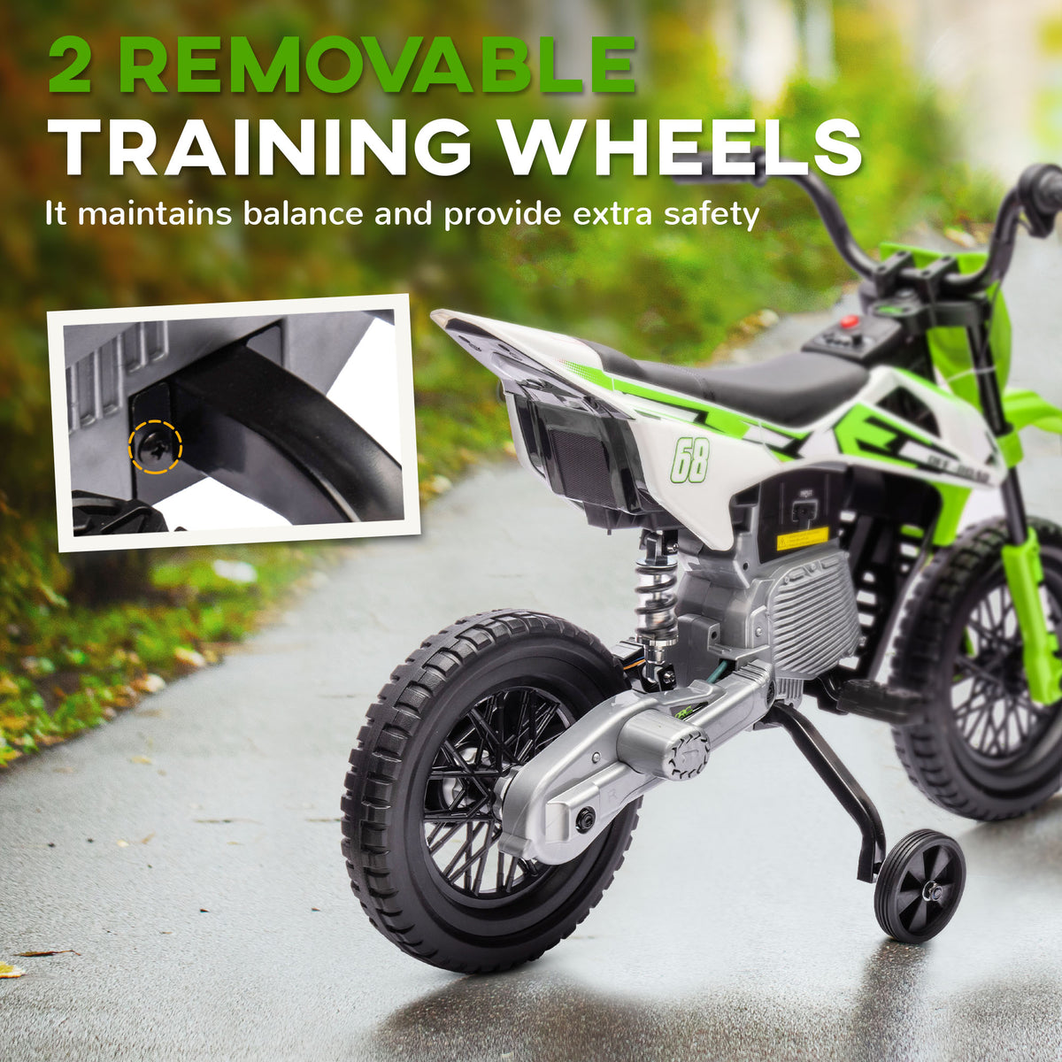 Qaba 12V Kids Dirt Bike, Electric Motorcycle with Twist Grip Throttle, Training Wheels, Rear Suspension & Music, Green