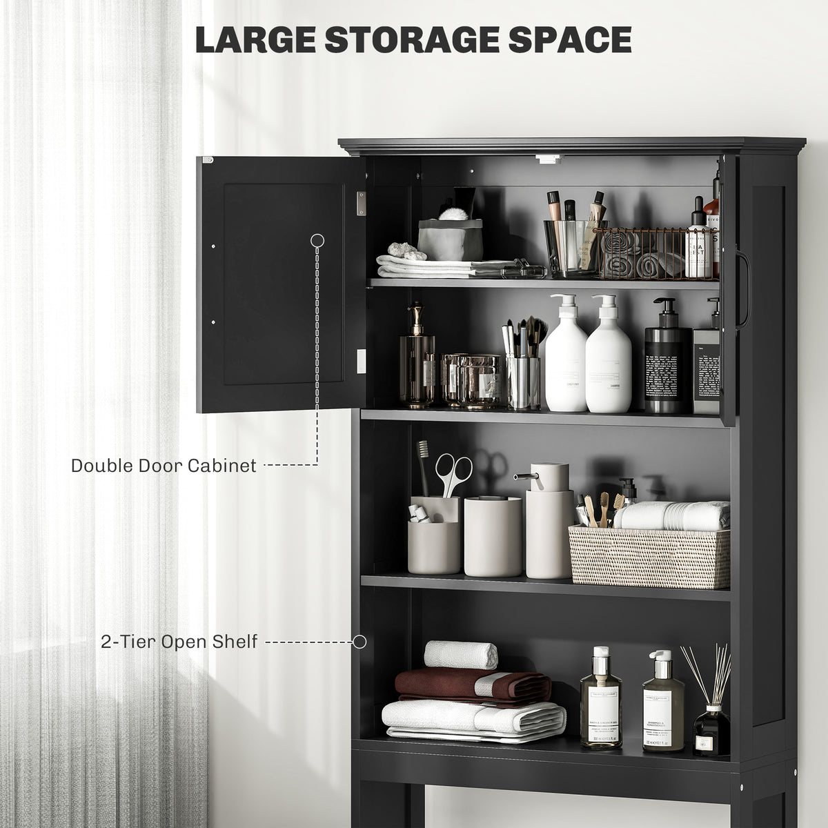 Modern Over The Toilet Storage, Bathroom Cabinets Over Toilet with Open Shelves and Double Door Cabinet, White