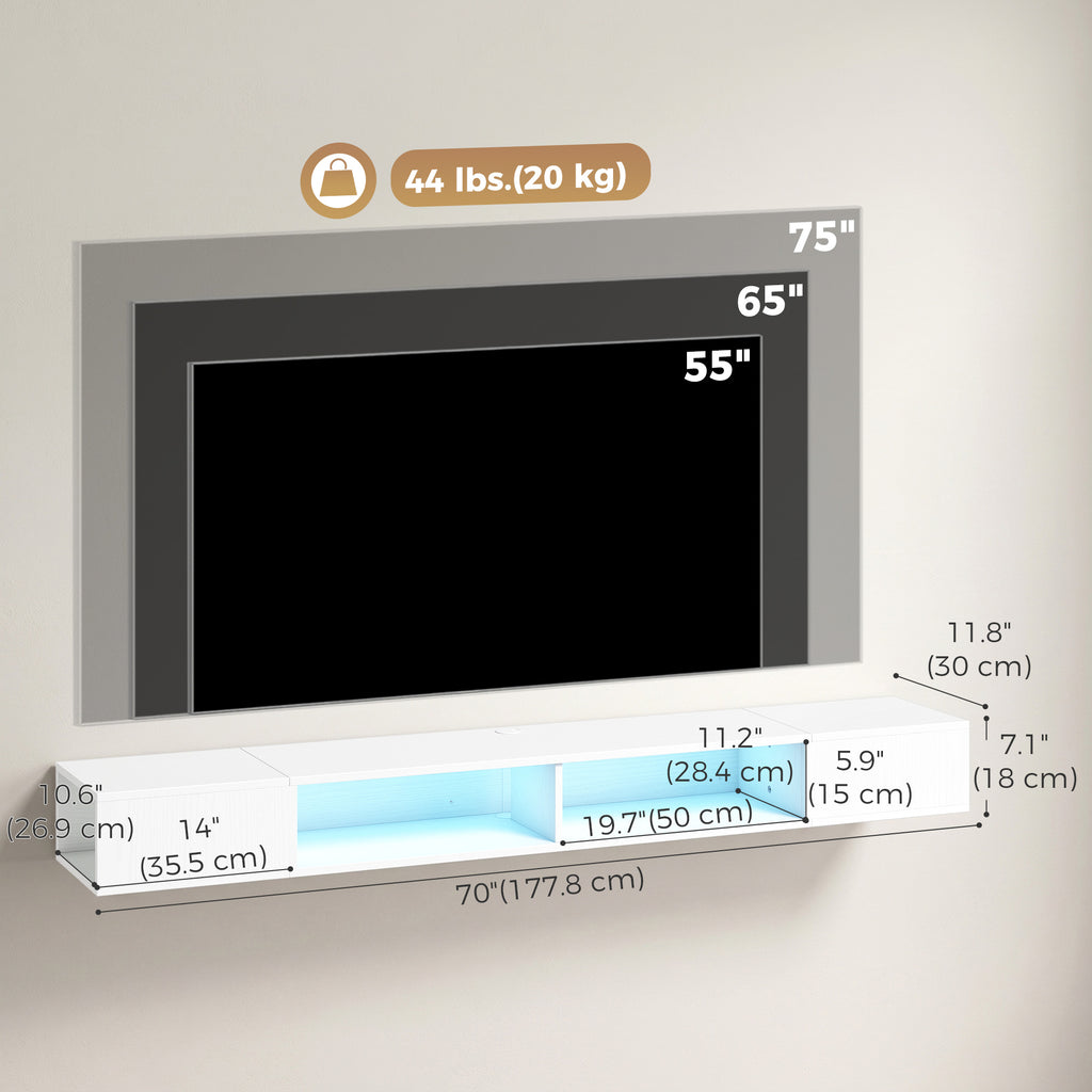 ከ RGB LED መብራት ጋር የቲቪ መቆሚያ፣ ን 75 ኢንች ቲቪ ክፍት መደርደሪያታት ዘለዎ መዝናኛ ማእከል፣ ጻዕዳ