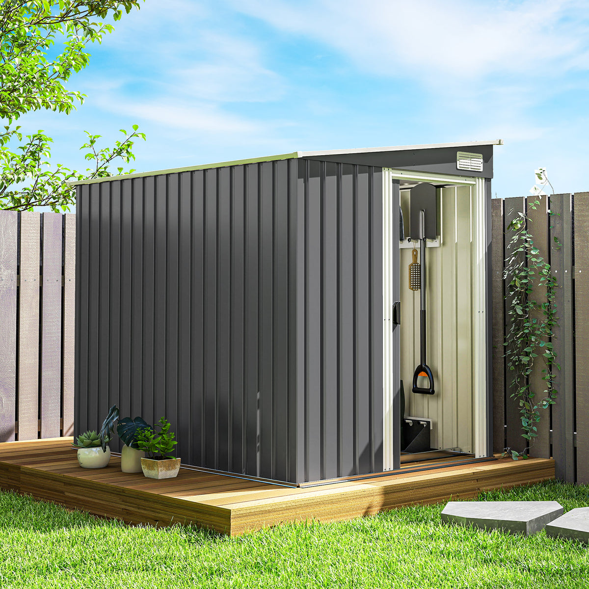 5'x7' Lean to Galvanized Metal Shed with Foundation, Garden Tool Storage House with Sliding Door and 2 Vents, Dark Grey