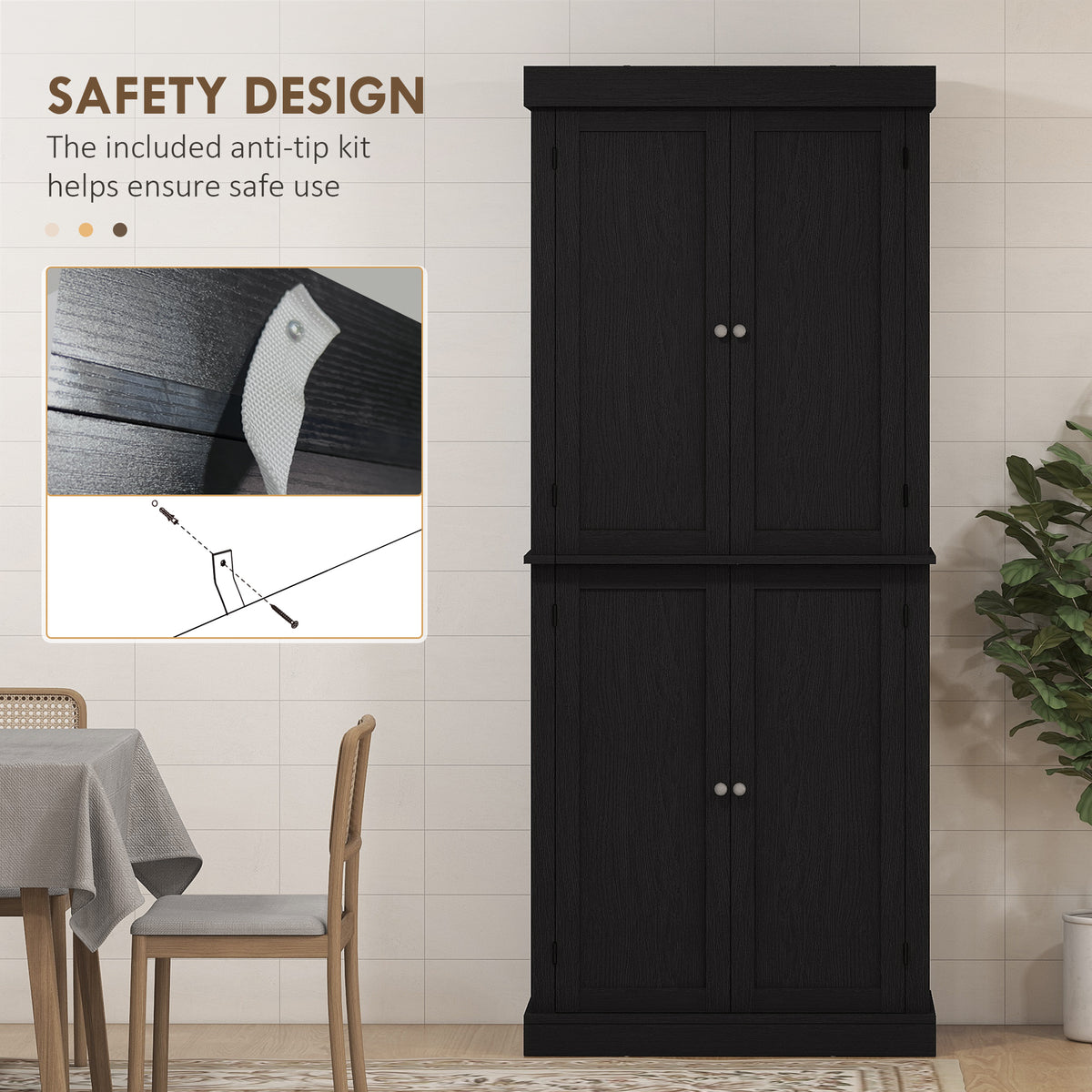 72.5" Freestanding Kitchen Pantry Cabinet with 4 Doors, Black