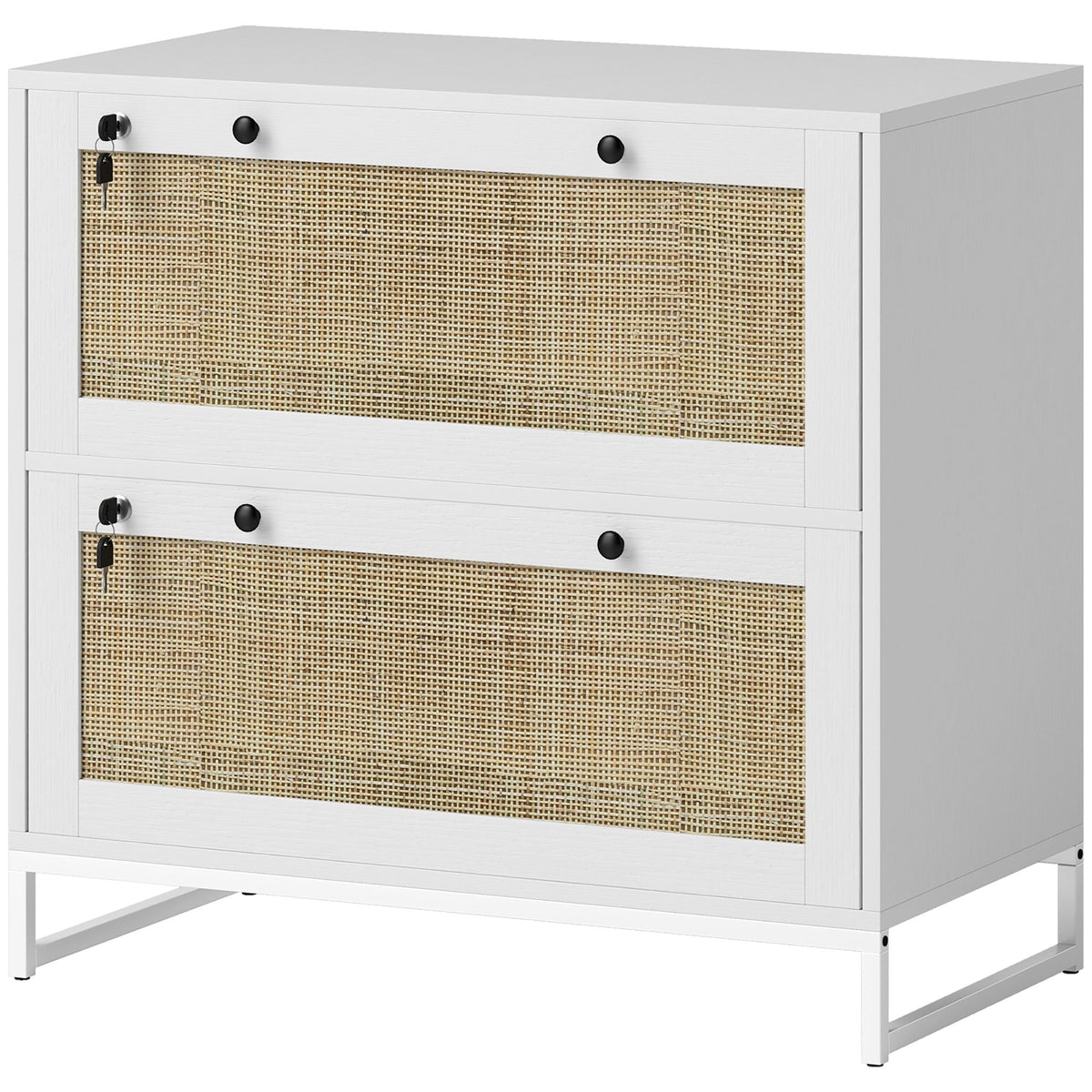 2-Drawer Filing Cabinet with Lock, Rattan File Cabinet with Adjustable Hanging Bar, Black