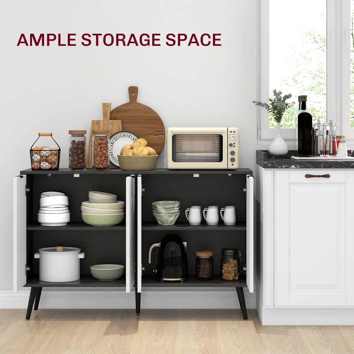 Modern Sideboard and Buffet, Dining Room Cabinet with Adjustable Shelves and 4 Doors, Black