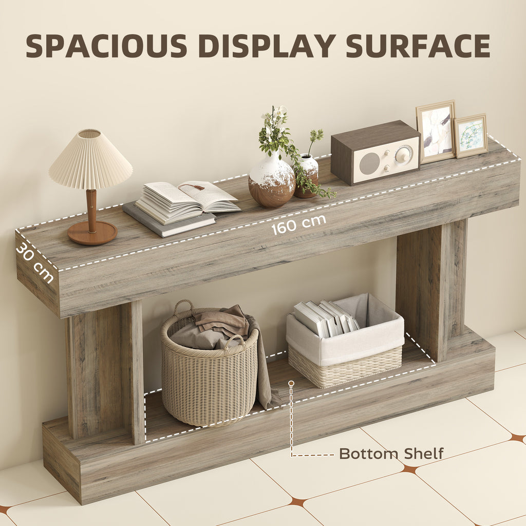 63 Inch Long Console Table, Vintage Narrow Entryway Table with Storage Shelf for Living Room and Hallway, Light Brown