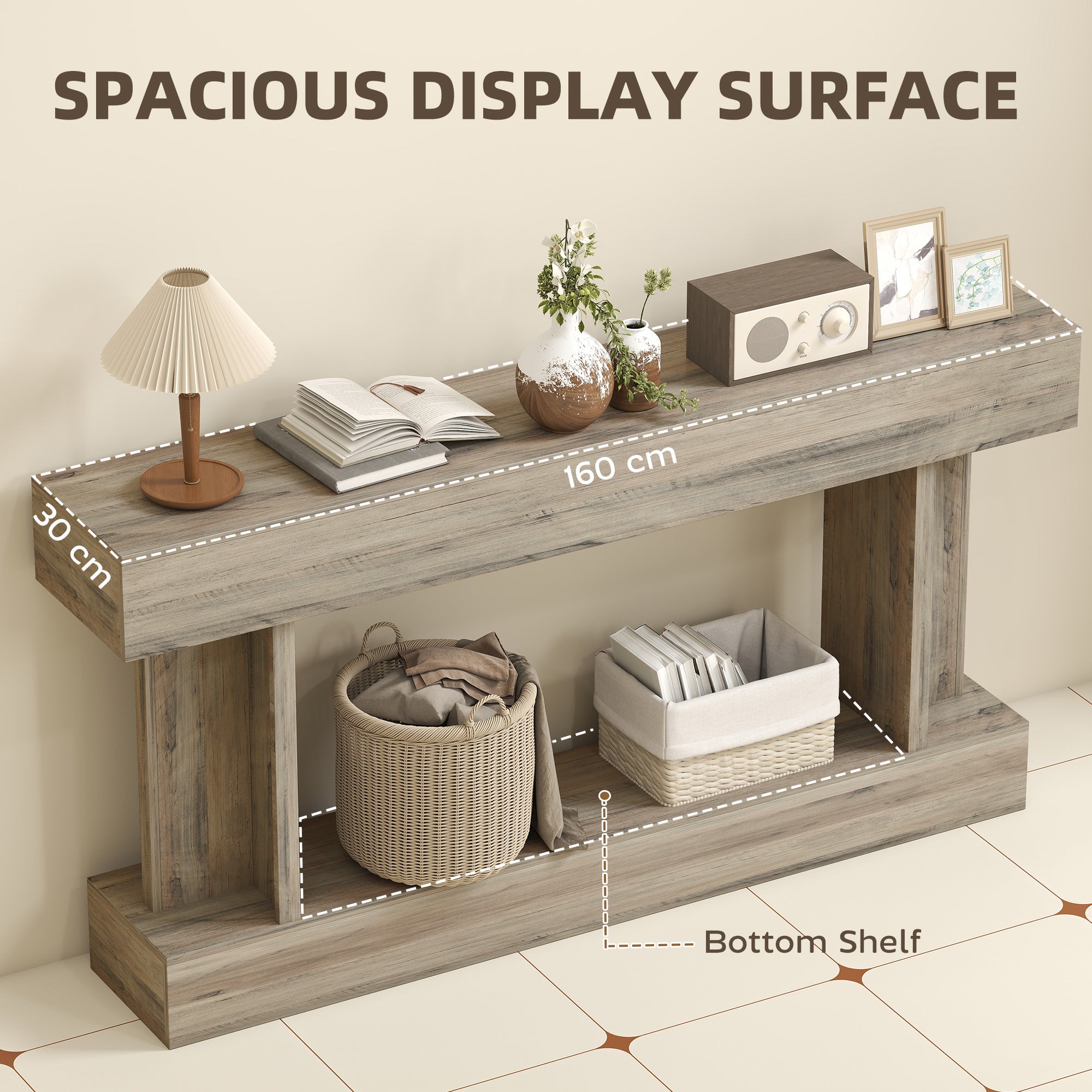 63 Inch Long Console Table, Vintage Narrow Entryway Table with Storage Shelf for Living Room and Hallway, Light Brown