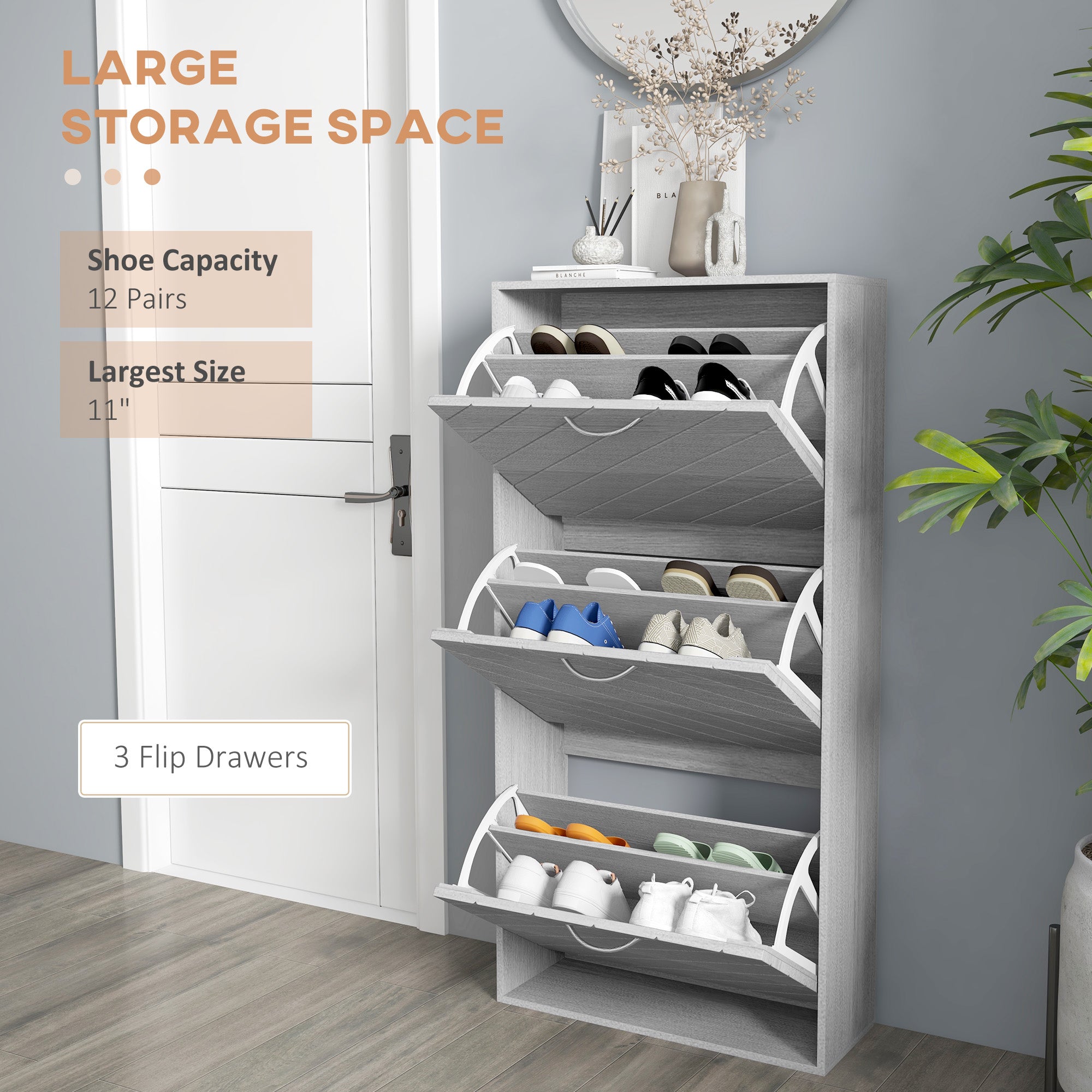 Shoe Storage Cabinet with 3 Flip Drawers, Narrow and Slim, 12 Pair of Shoes Organizer for Hallway, Entryway