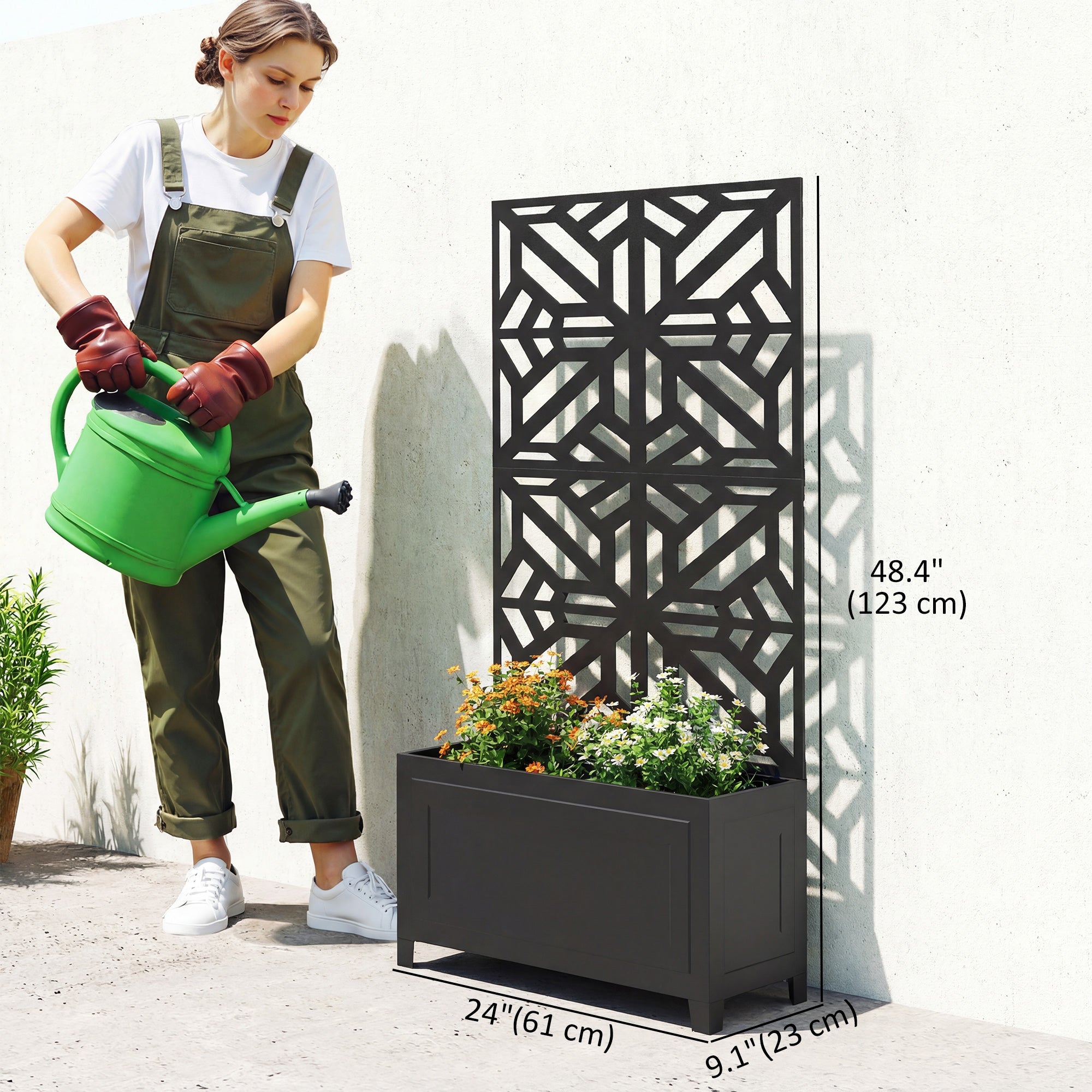 Metal Raised Garden Bed with Trellis for Climbing Plants, Freestanding or Wall Mounted Flower Bed with Privacy Panel