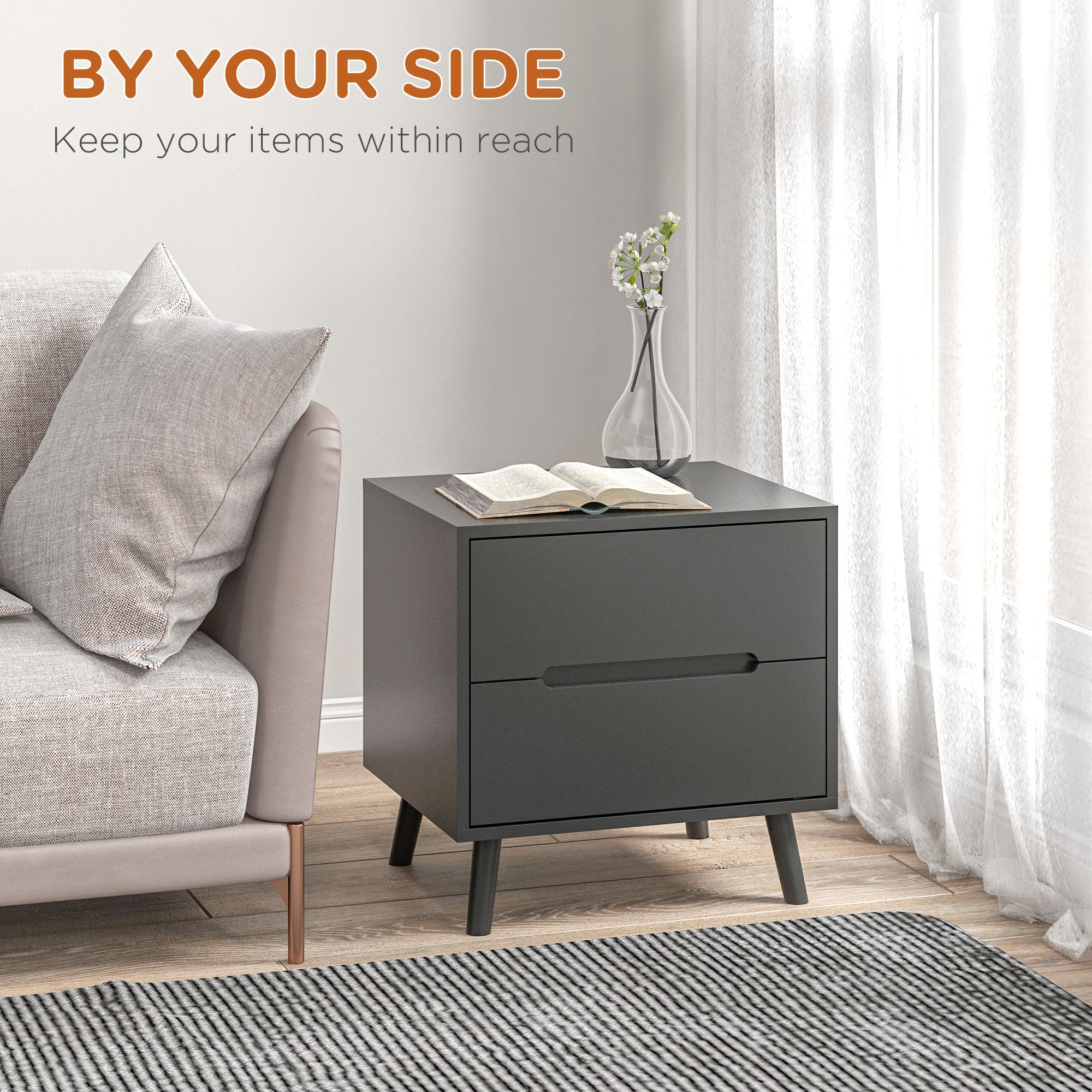 Modern Nightstand, Night Table with 2 Drawers, Bed End Table with Solid Wood Legs for Bedroom