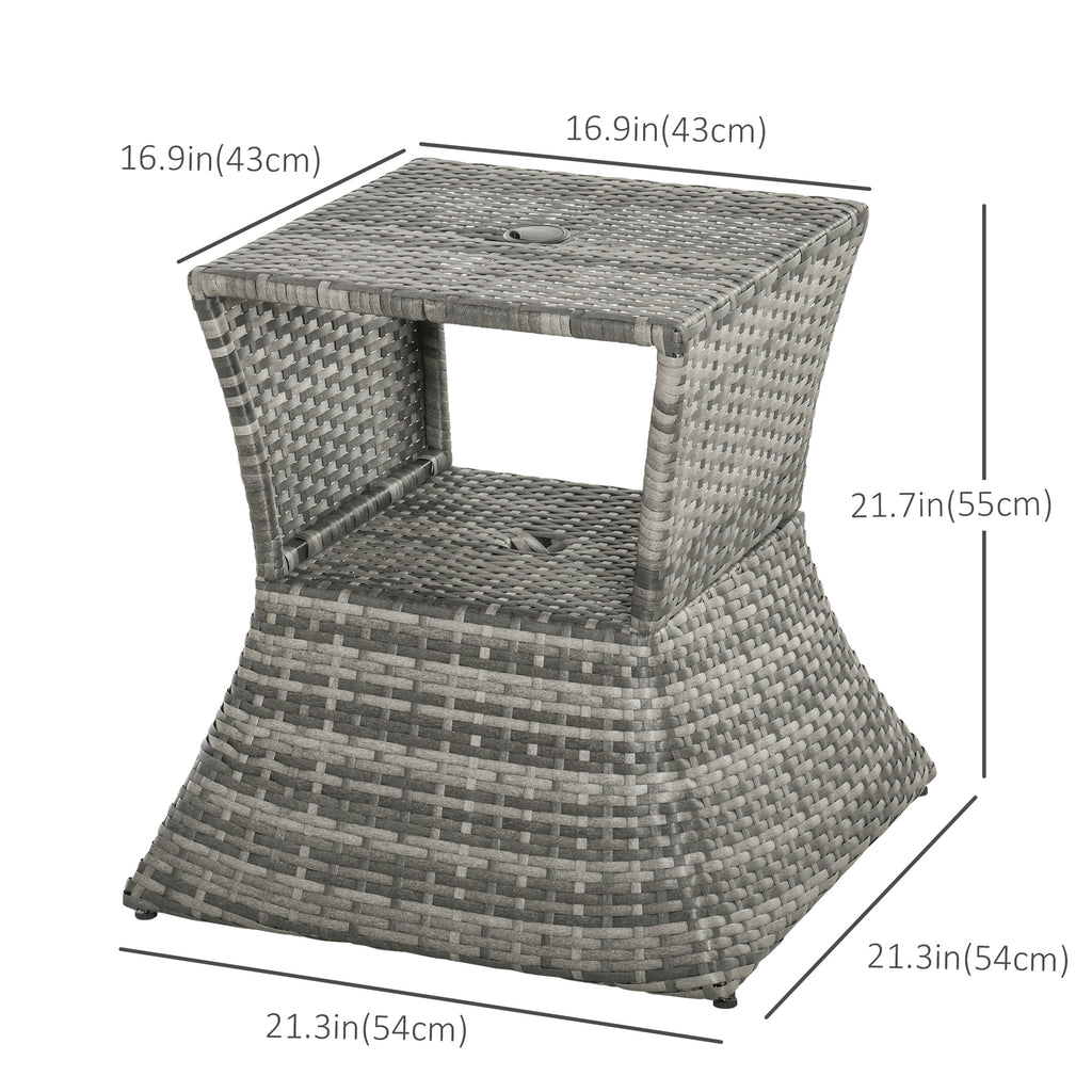 Rattan Wicker Side Table, 21.3" Square Outdoor End Table with Umbrella Hole 2-Tier Storage for Patio Garden Mixed Brown