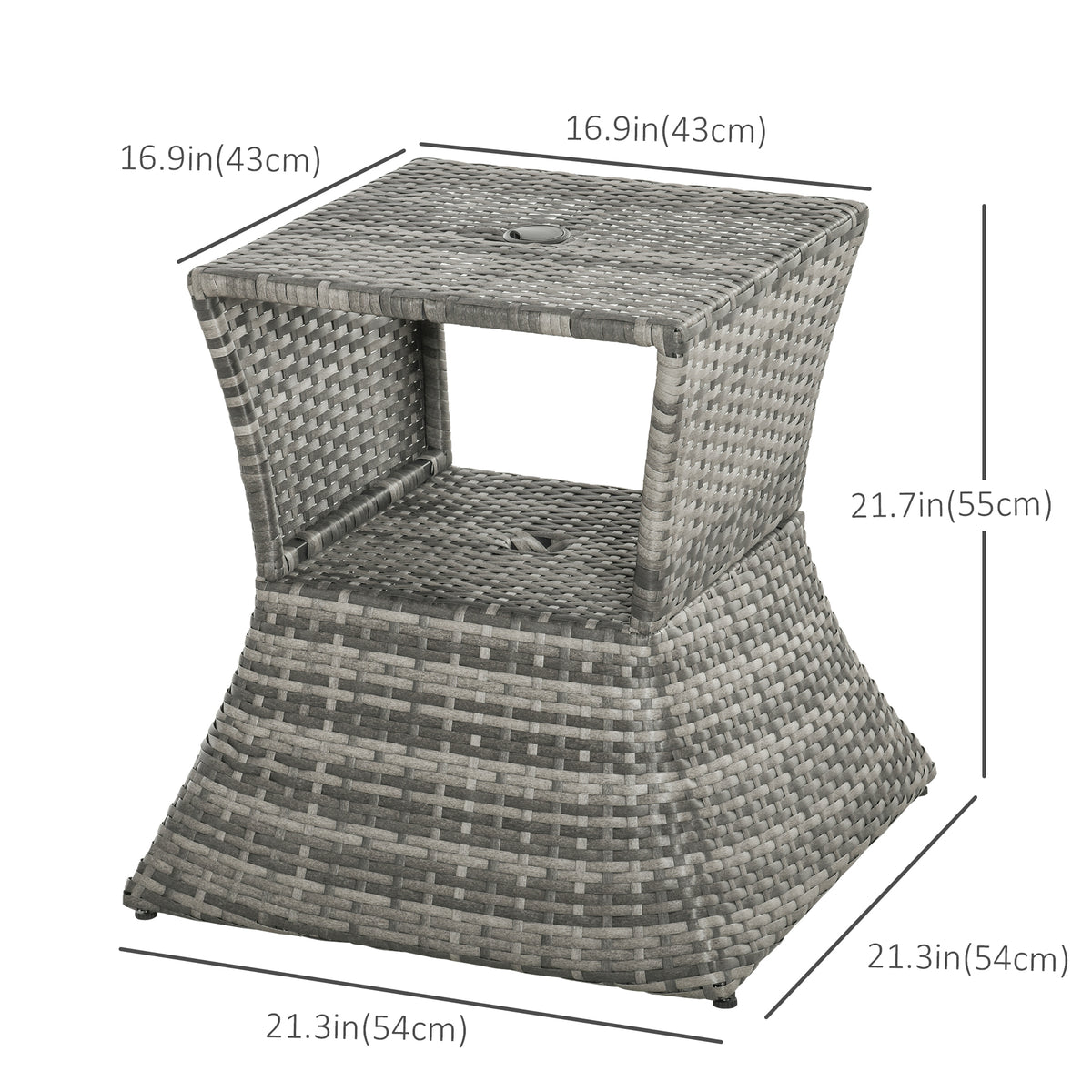 Rattan Wicker Side Table, 21.3" Square Outdoor End Table with Umbrella Hole 2-Tier Storage for Patio Garden Mixed Brown