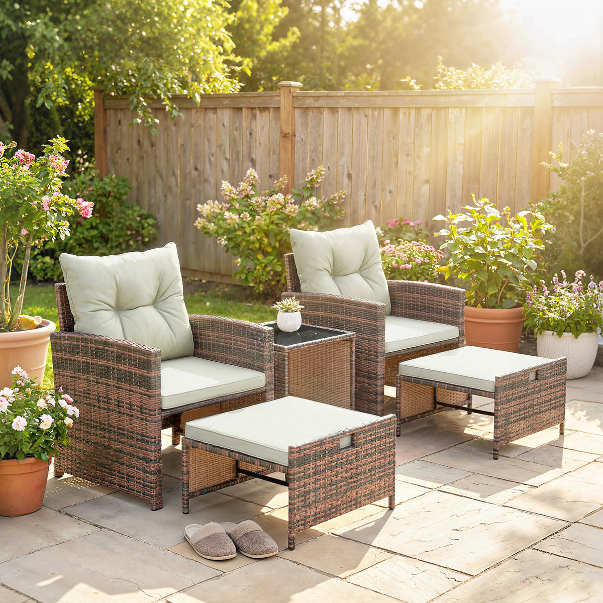 5 Piece Patio Furniture Set, Wicker Patio Chairs with Ottomans, 2-Tier Glass Coffee Table and Cushions, Brown/Cream