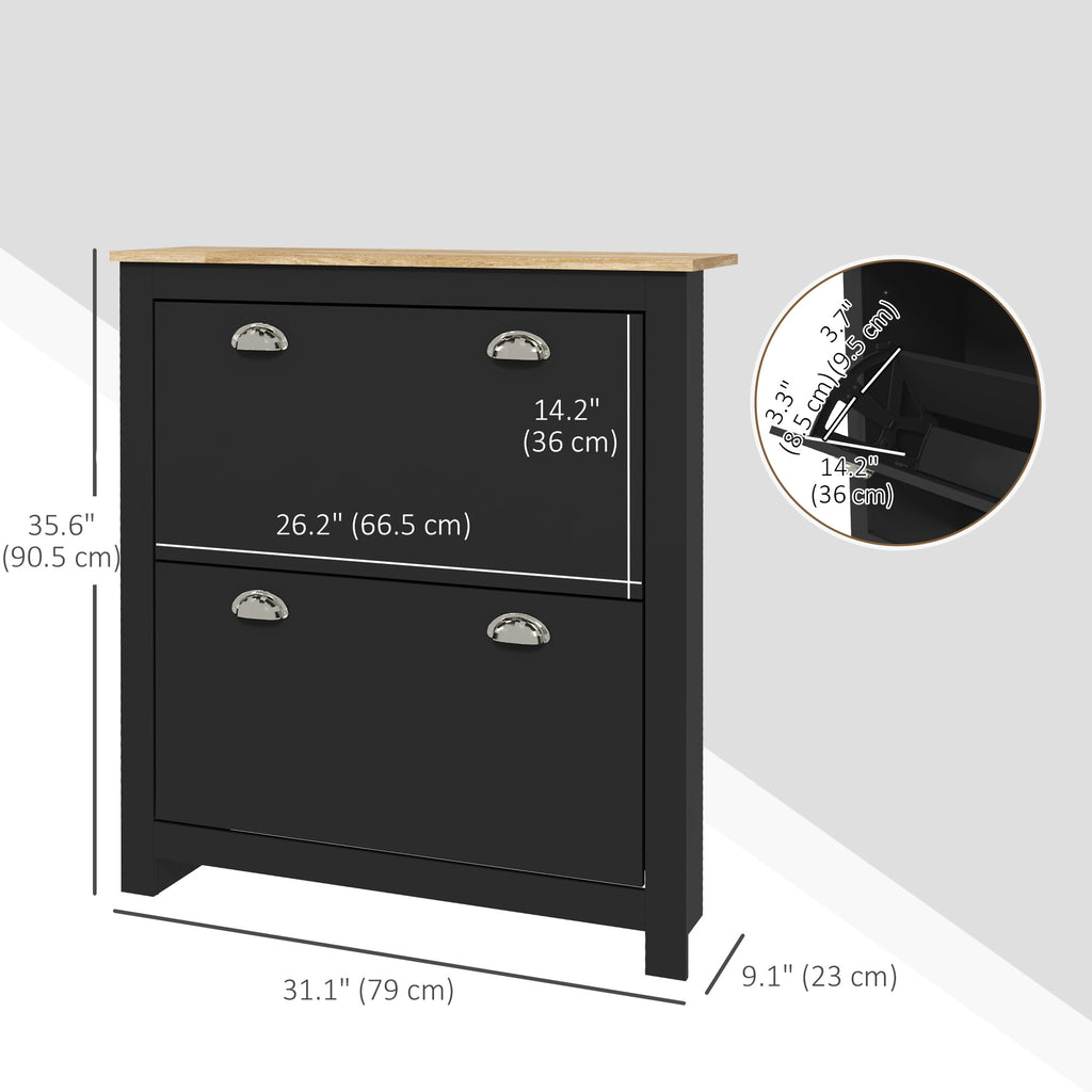 Small Shoe Cabinet with 2 Flip Drawers and Adjustable Shelves, 12 Pair Shoe Storage Organizer for Hallway, Black