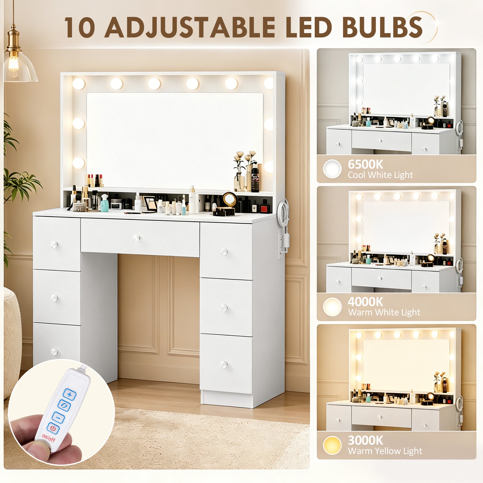 Vanity Desk with 10 Dimmable LED Lights, Mirror Dressing Table with 7 Drawers and Charging Station, White