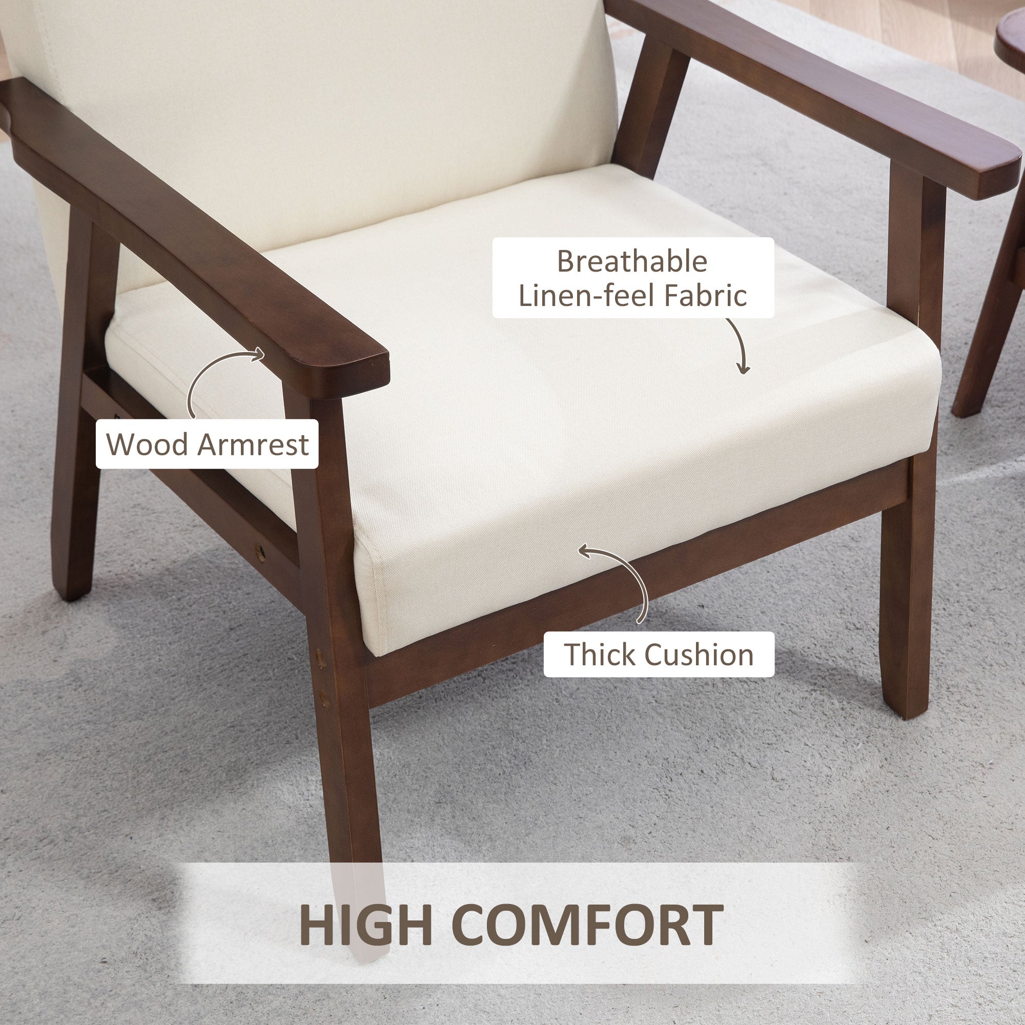 Modern Accent Chairs with Cushioned Seat, Upholstered Linen-Feel Armchair for Bedroom, Living Room, Cream White