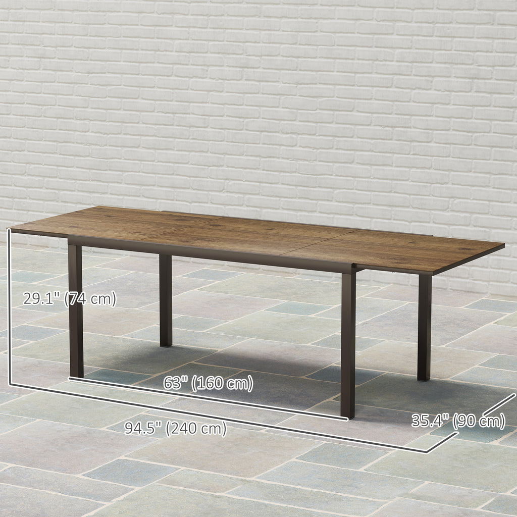 63"-94.5" Extendable Patio Dining Table for 6-8 Person, Outdoor Dining Table with Aluminium Edging, Steel Frame, Brown
